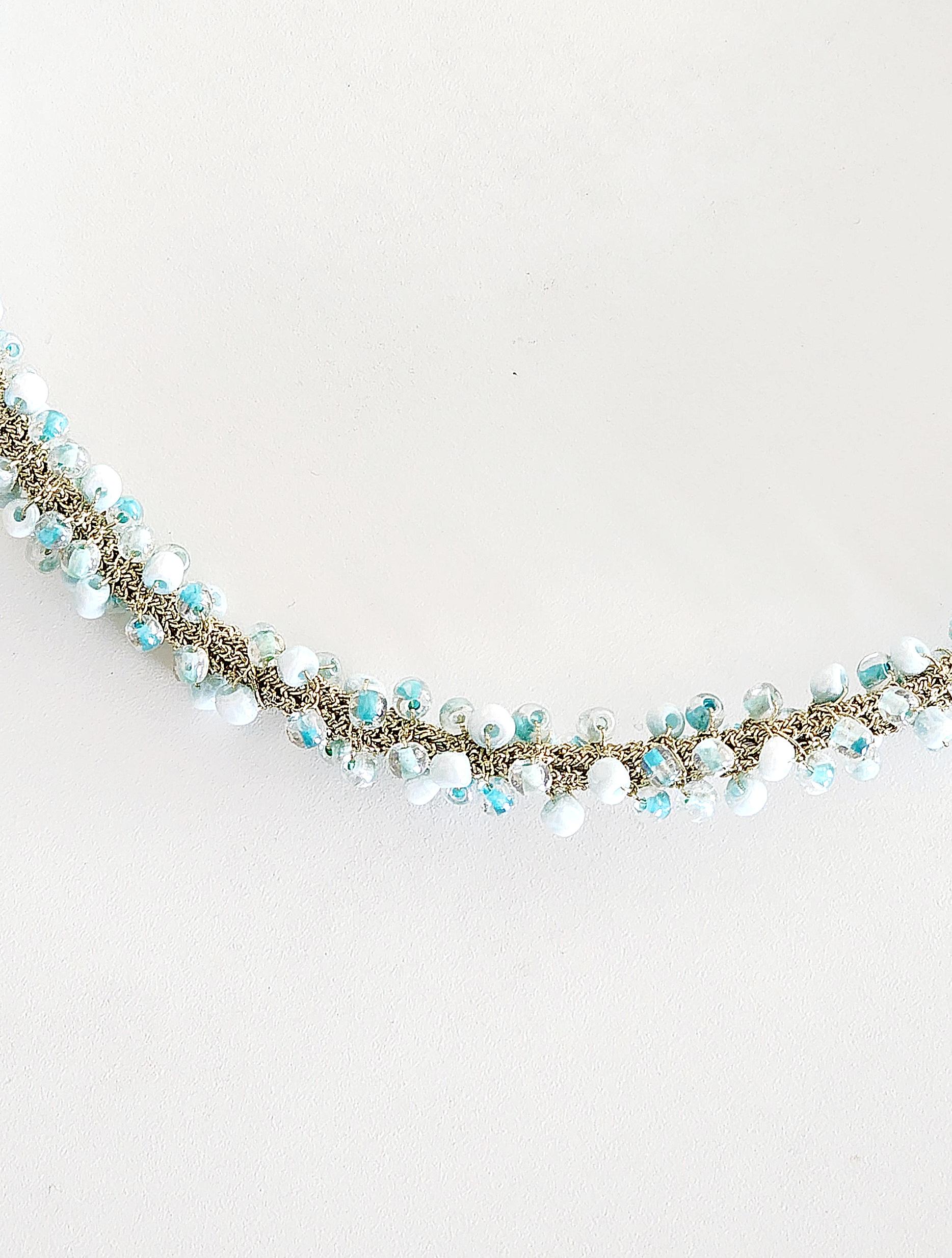 Women's or Men's Golden Thread Crochet Necklace Light Blue Glass Beads For Sale