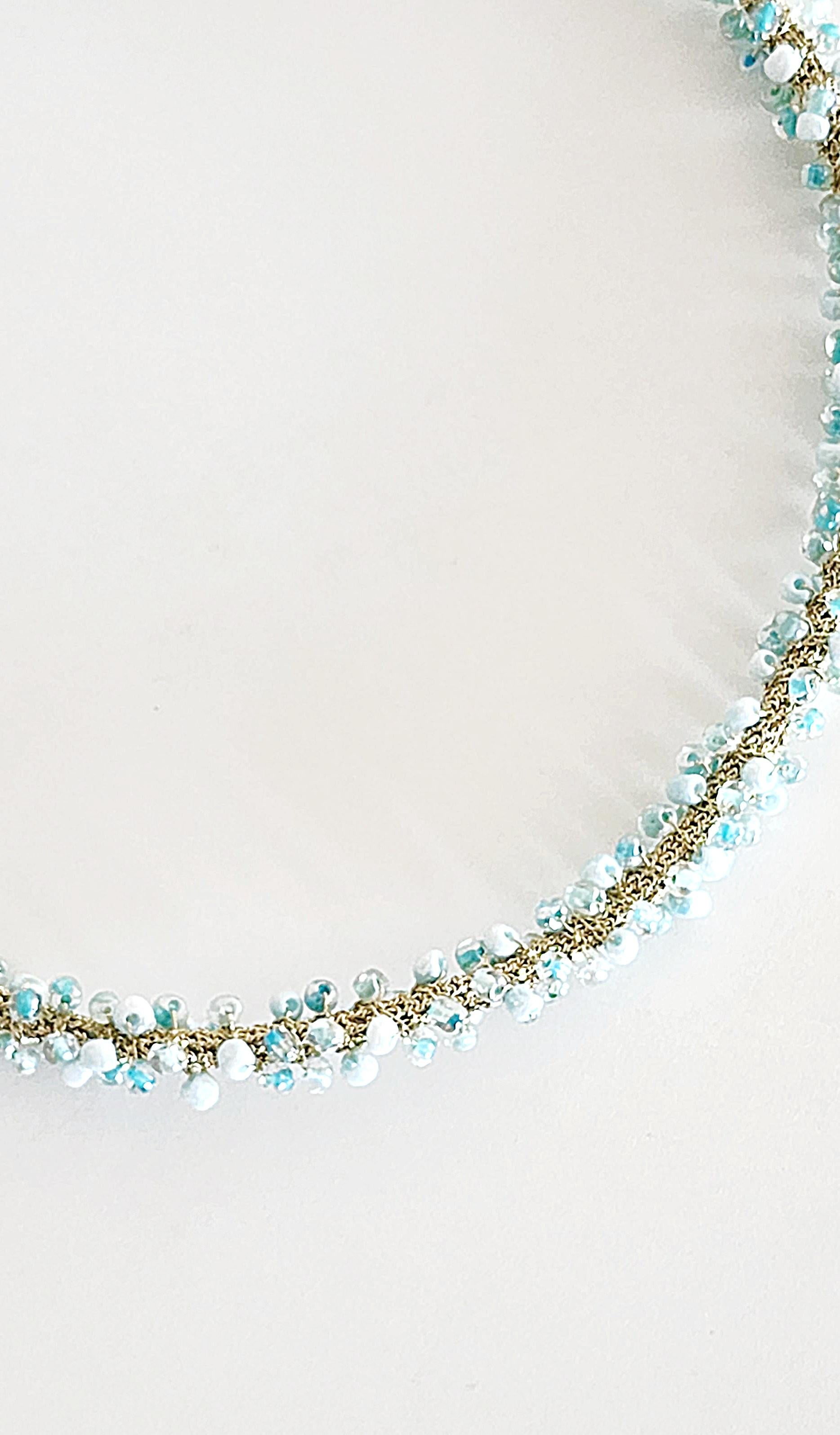 Golden Thread Crochet Necklace Light Blue Glass Beads For Sale 1