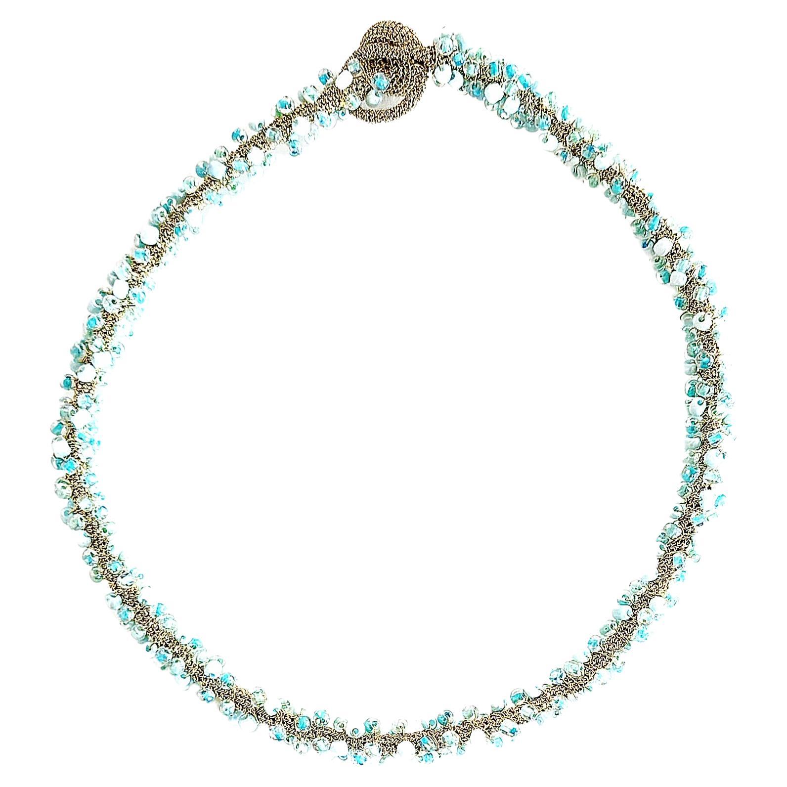 Golden Thread Crochet Necklace Light Blue Glass Beads For Sale