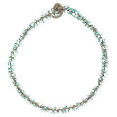 Golden Thread Crochet Necklace Light Blue Glass Beads