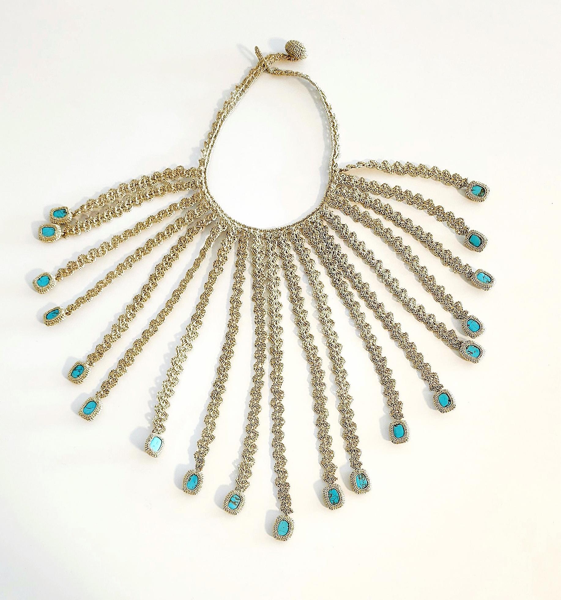 Artisan Golden Thread Crochet Necklace Turquoise Unique Disco For Sale