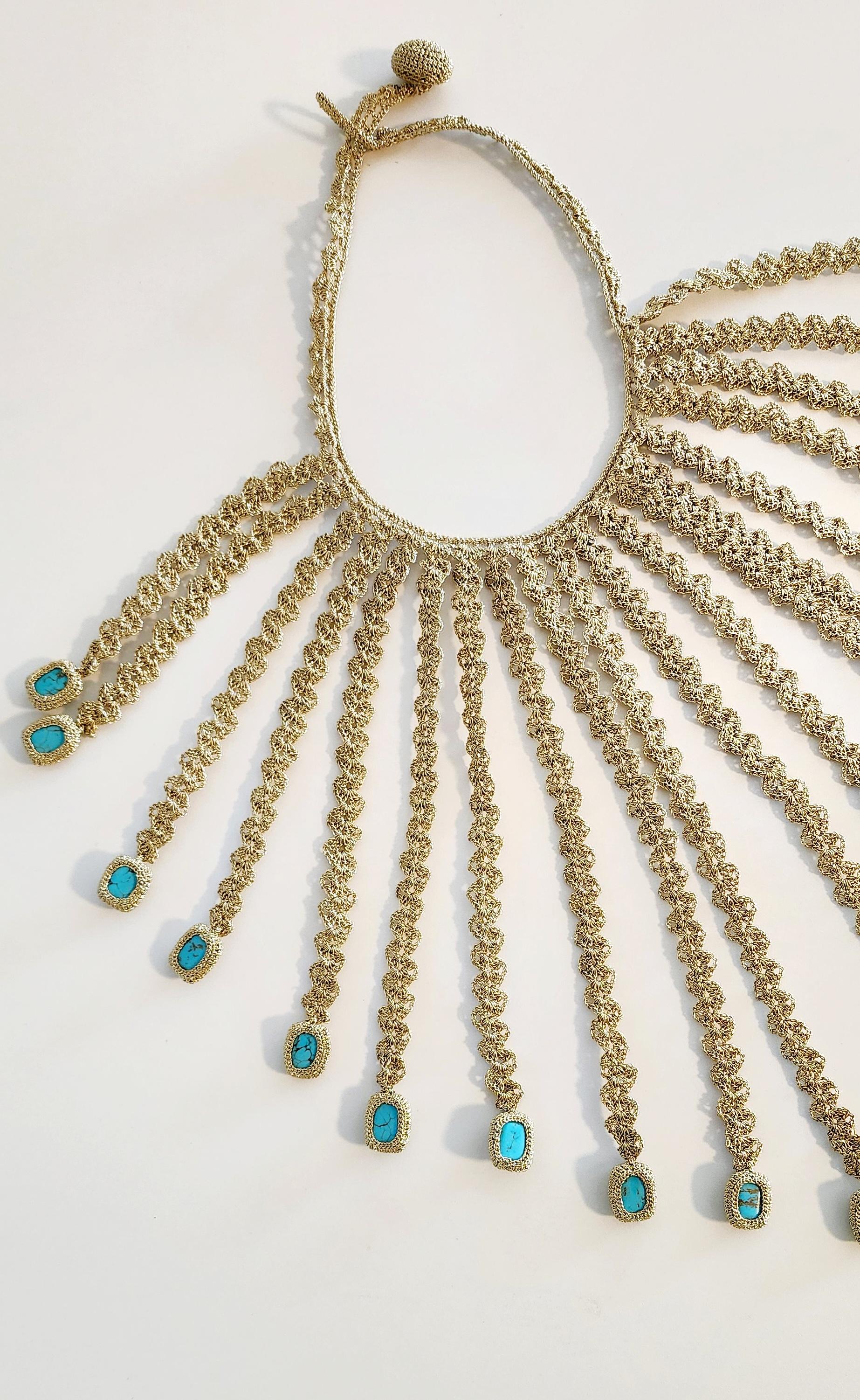 Women's or Men's Golden Thread Crochet Necklace Turquoise Unique Disco For Sale