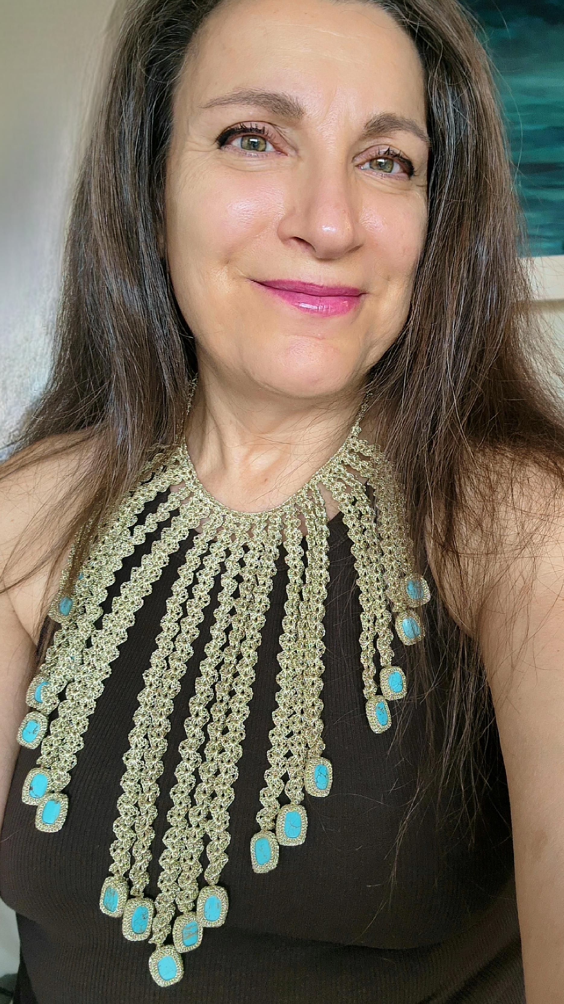 Golden Thread Crochet Necklace Turquoise Unique Disco For Sale 1