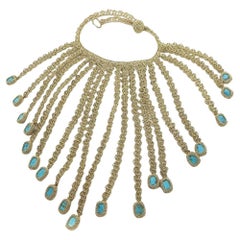 Golden Thread Crochet Necklace Turquoise Unique Disco