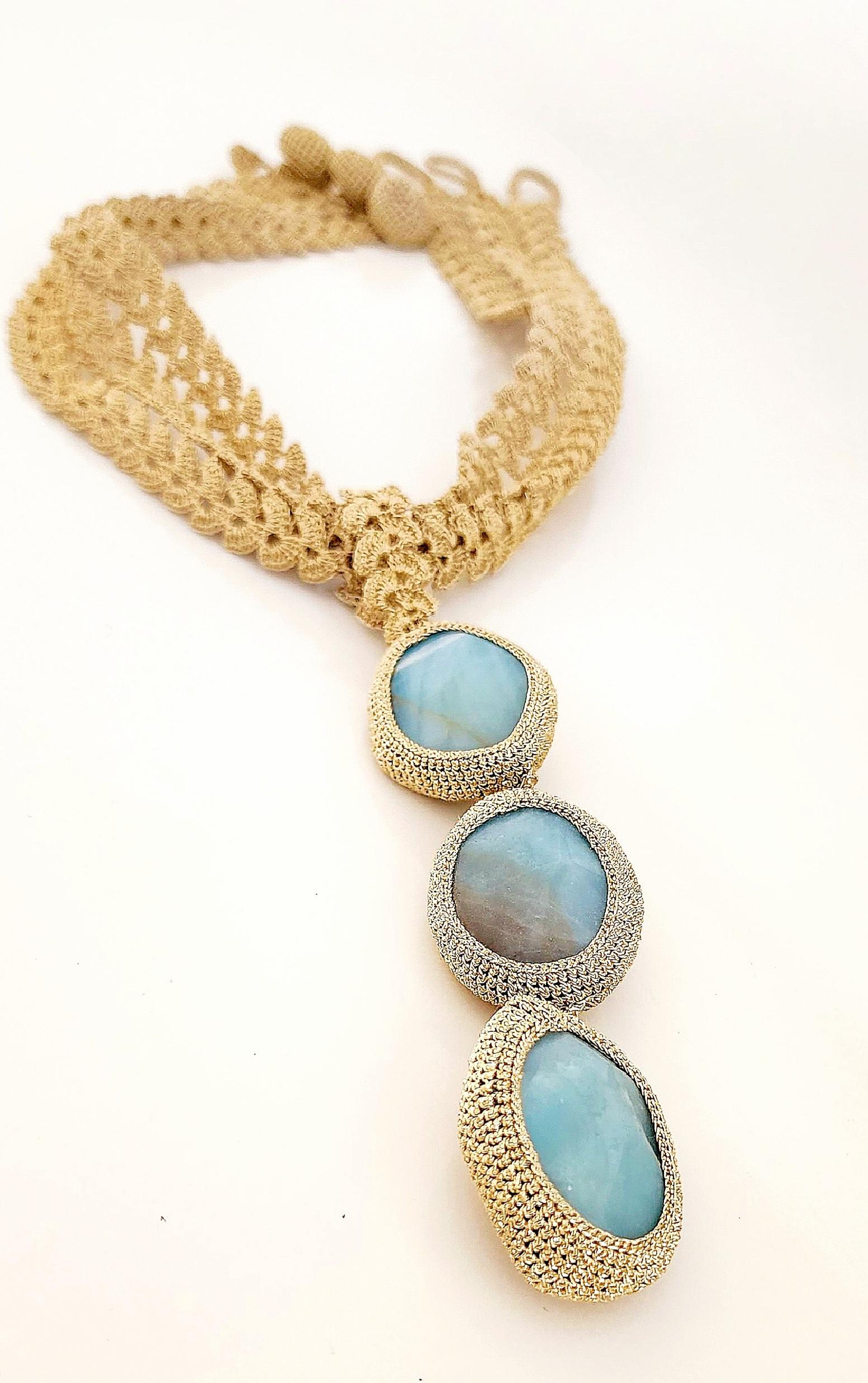 Artist Golden Thread Hand Crochet One of a Kind Scarf Necklace Amazonite For Sale