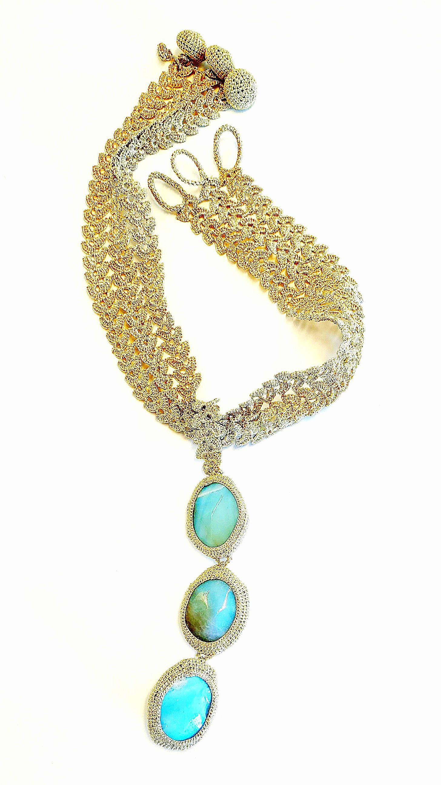 Women's Golden Thread Hand Crochet One of a Kind Scarf Necklace Amazonite For Sale