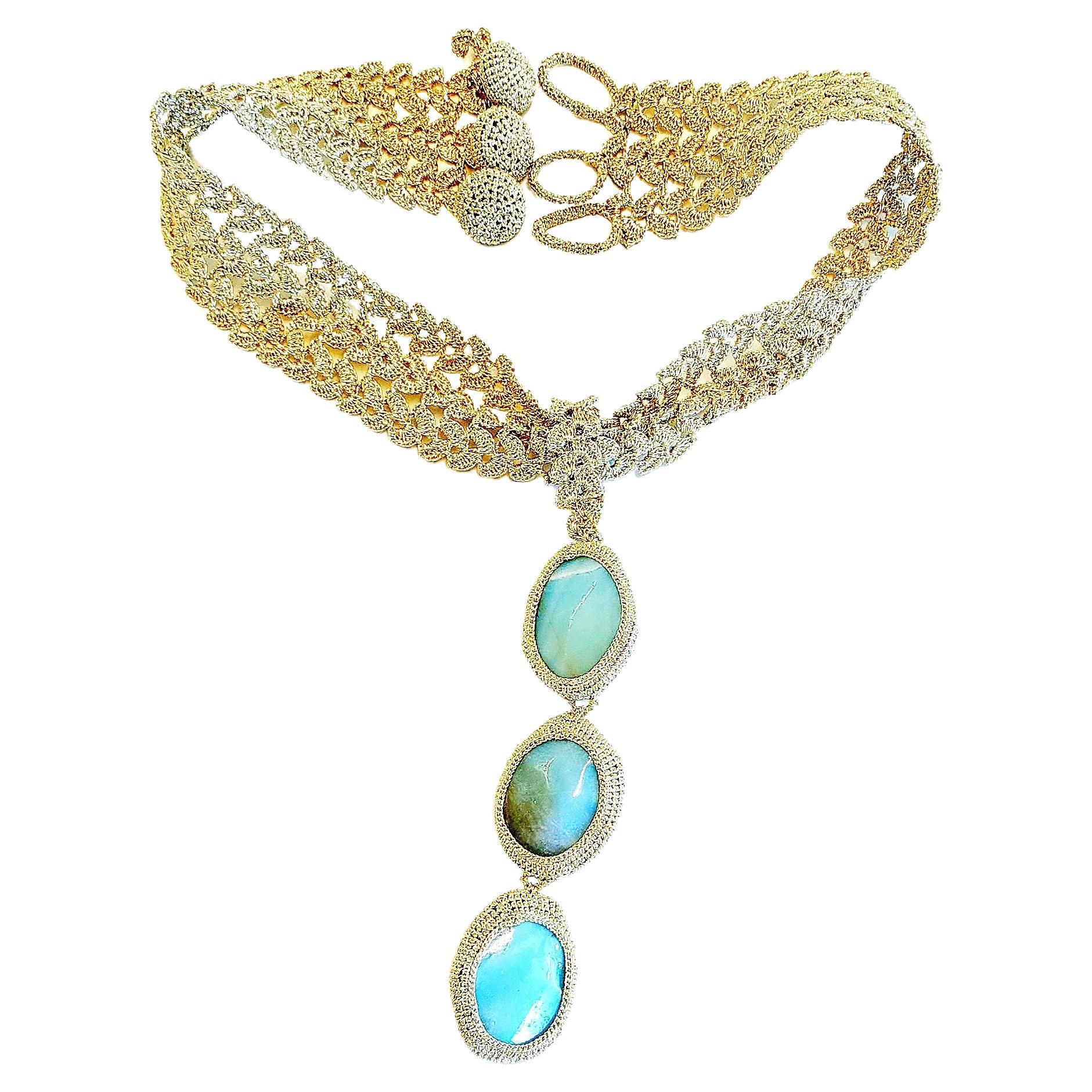 Golden Thread Hand Crochet One of a Kind Scarf Necklace Amazonite For Sale