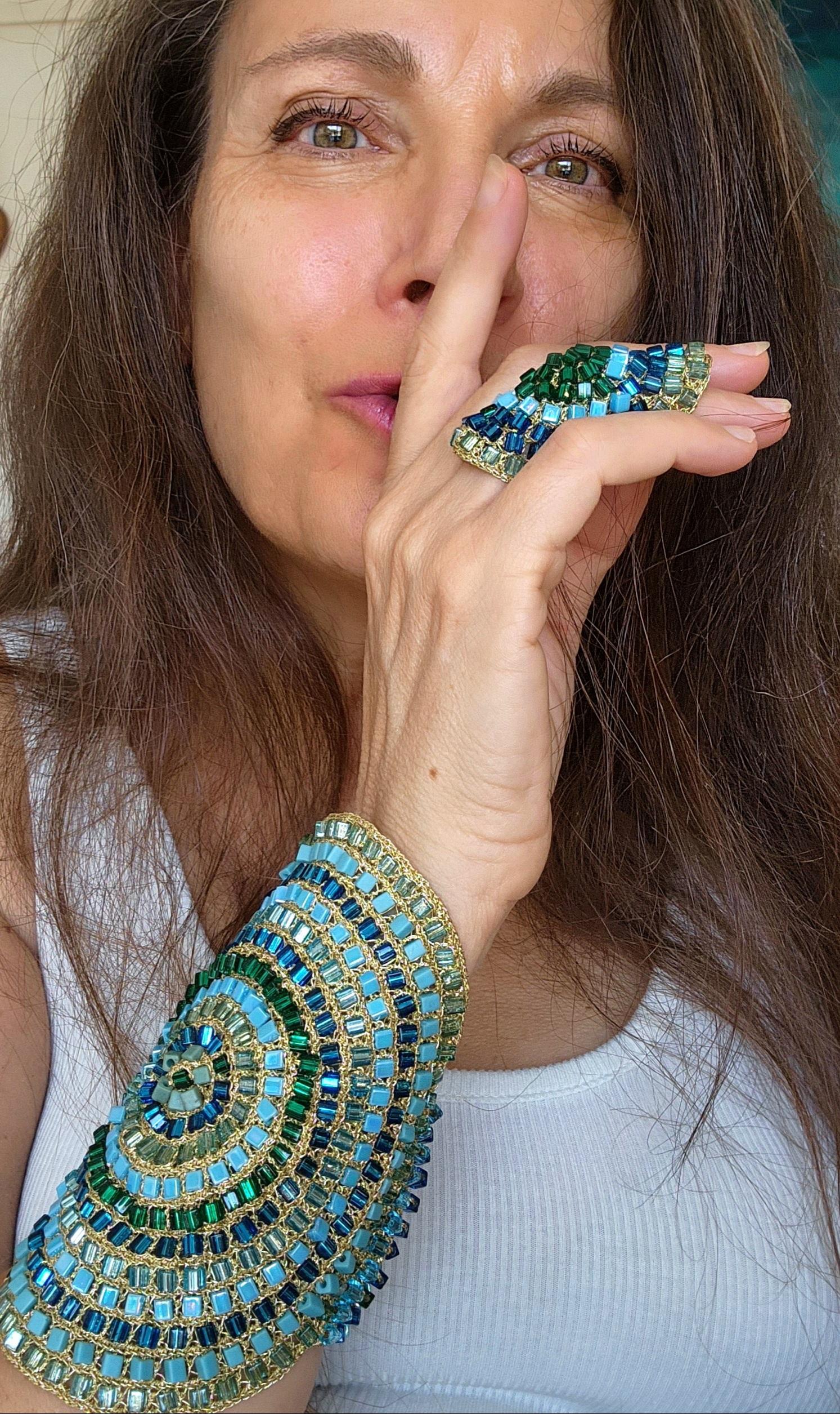 Women's or Men's Golden Thread Japanese Cube Glass Beads Ring For Sale