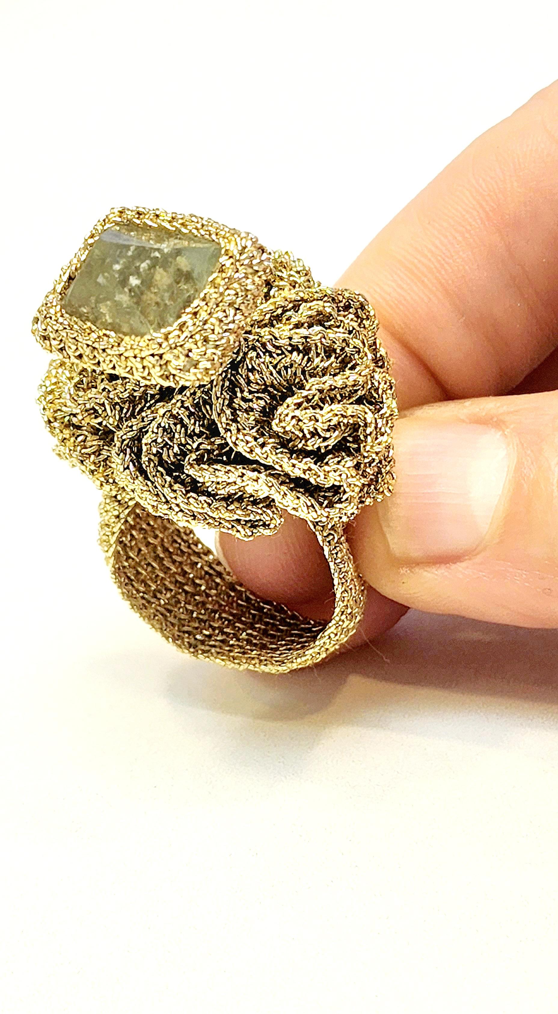 Art Nouveau Golden Thread One Of a Kind Crochet Ring aqua pyramid shaped Fluorite stone s For Sale