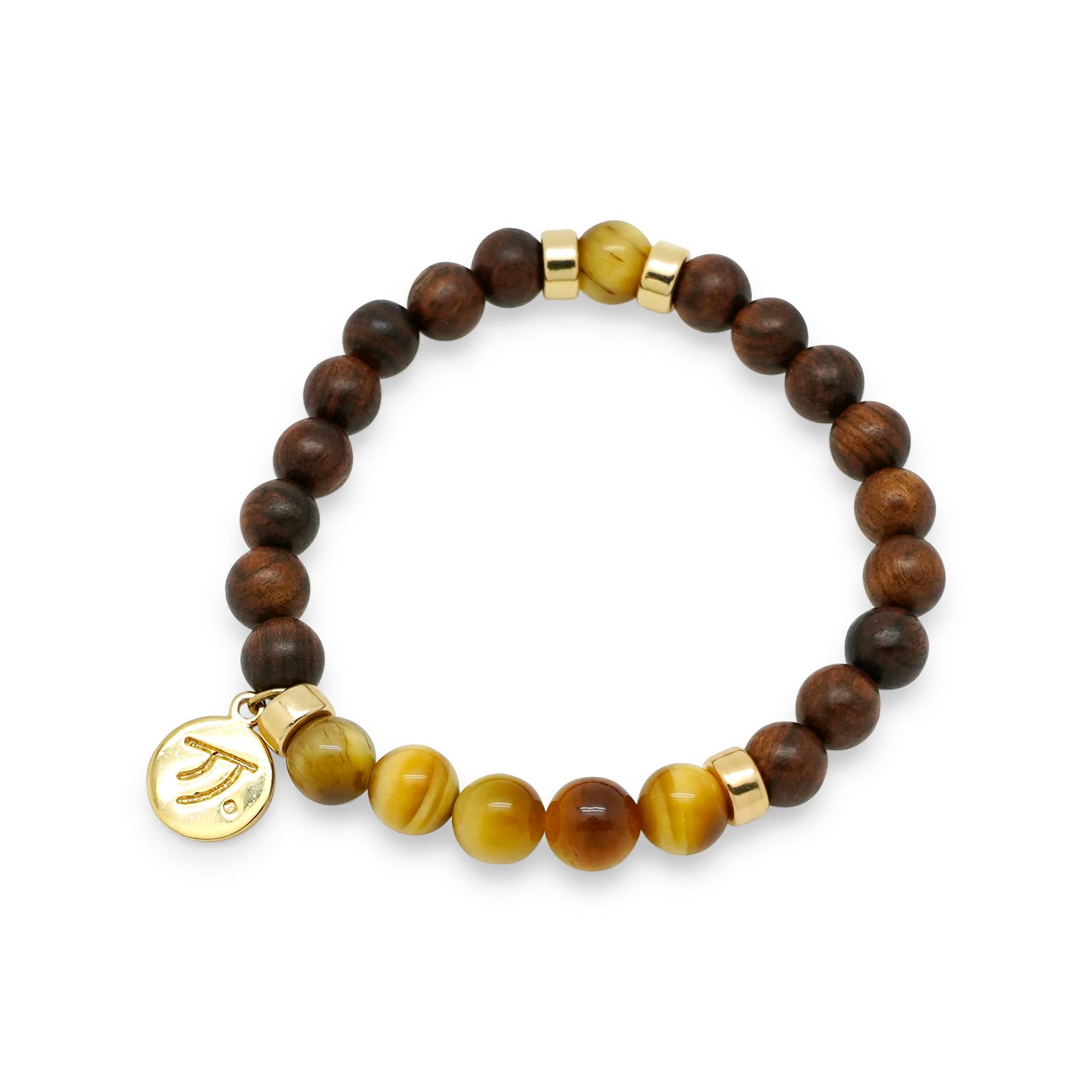 Behind the Jewelry 
The versatile bracelet is simply adorned with golden yellow tiger's eye and rosewood with 14K gold or rose gold accents.  A tiger and rose are known for their beauty but share sharp attributes for survival.  The bracelet tells