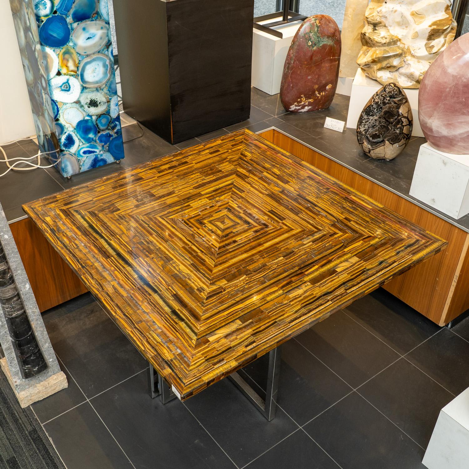 Indian Golden Tiger Eye Square Table with Metal Base For Sale