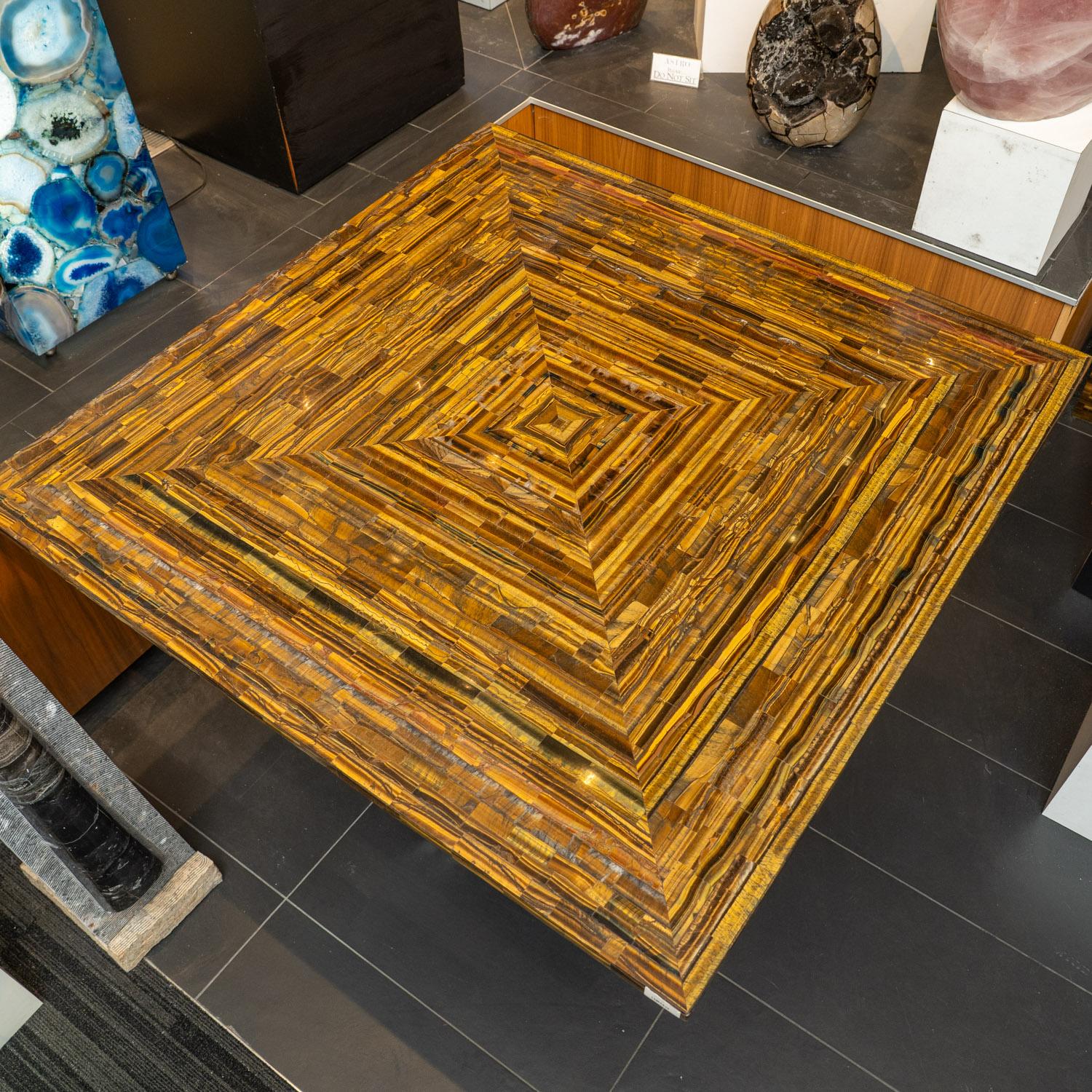 Contemporary Golden Tiger Eye Square Table with Metal Base For Sale
