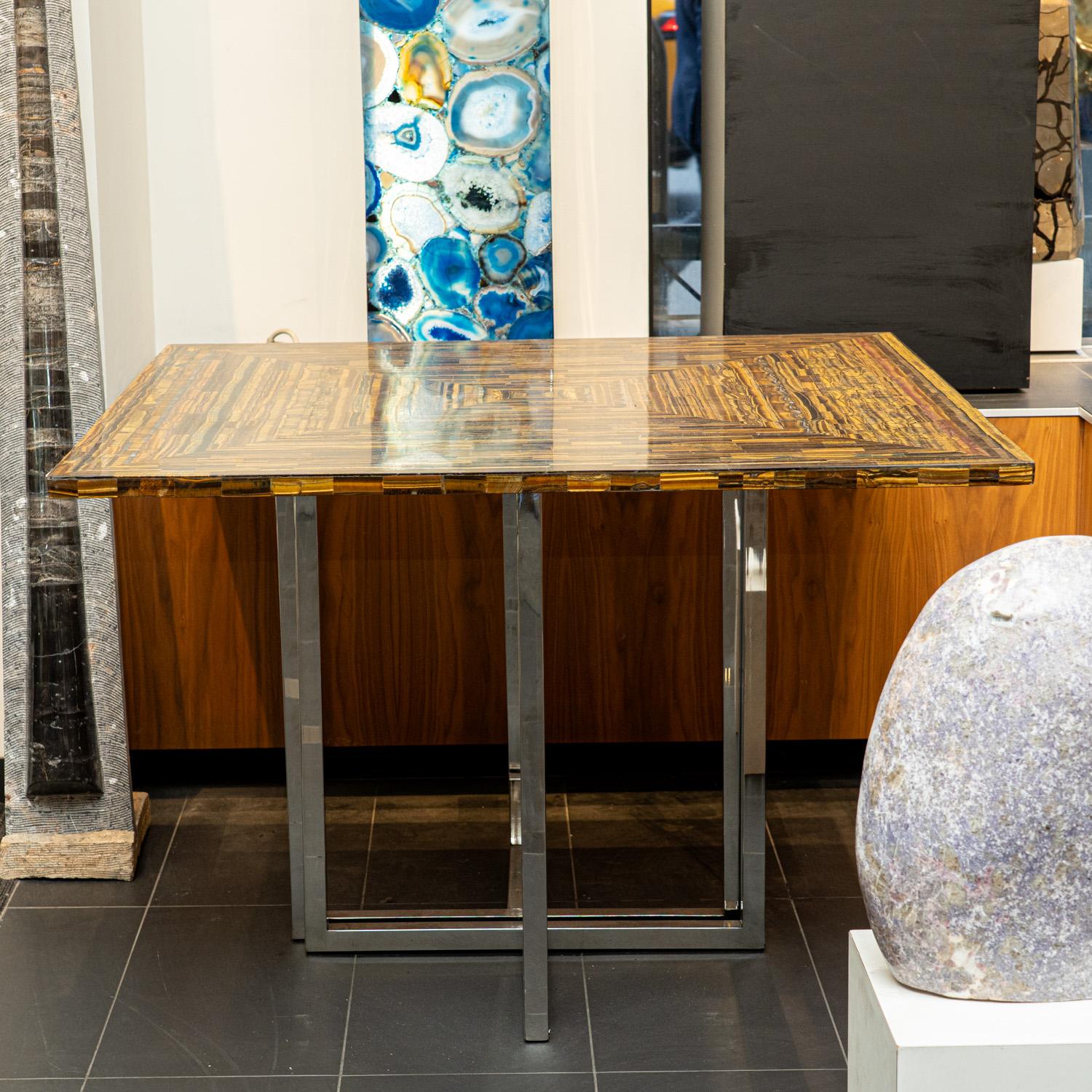 Golden Tiger Eye Square Table with Metal Base For Sale 3