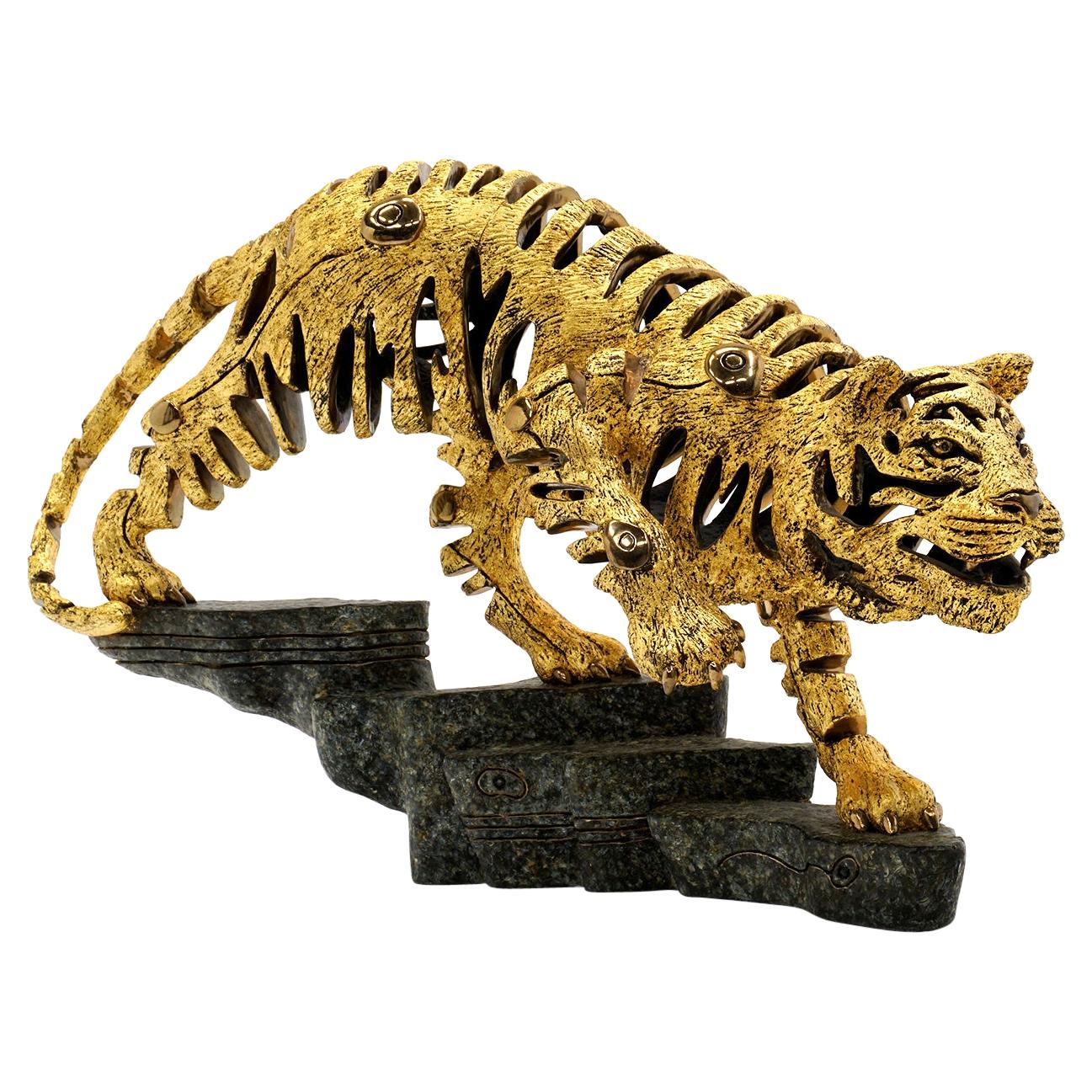 "Golden Tiger" Scuipture by Jiang Tiefeng, 1993, Bronze w/ 23-Carat Gold Leaf