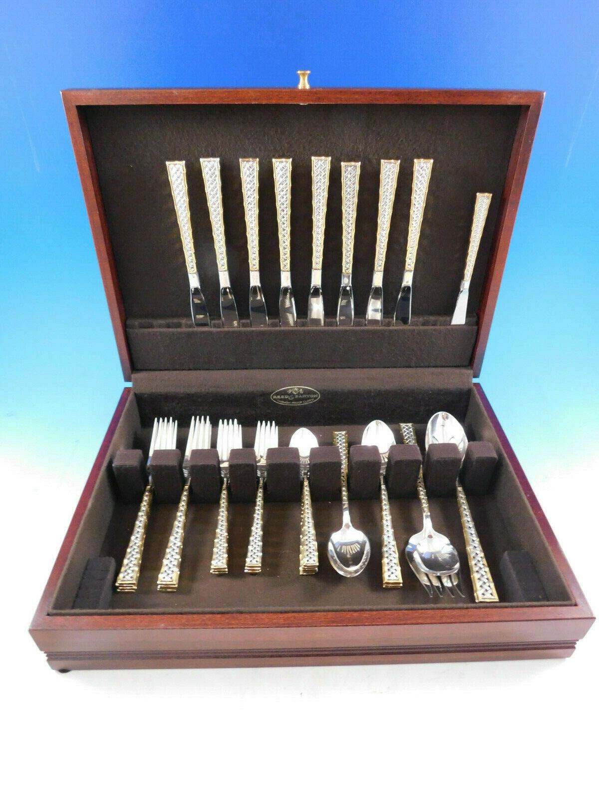 Golden Tradewinds by International sterling silver flatware set with basket weave design and bamboo detailing in gold accent, 45 pieces. This set includes:

8 Knives, 8 3/4