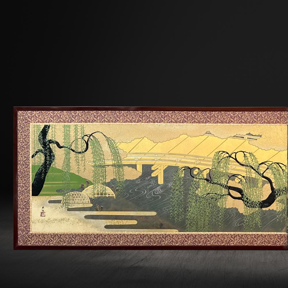 This two-panel screen showcases masterful brushwork in its depiction of willow trees gracefully bending over a riverbank. The contrast between the vivid gold background and the dark, reflective waters creates a striking visual effect. Young, fresh
