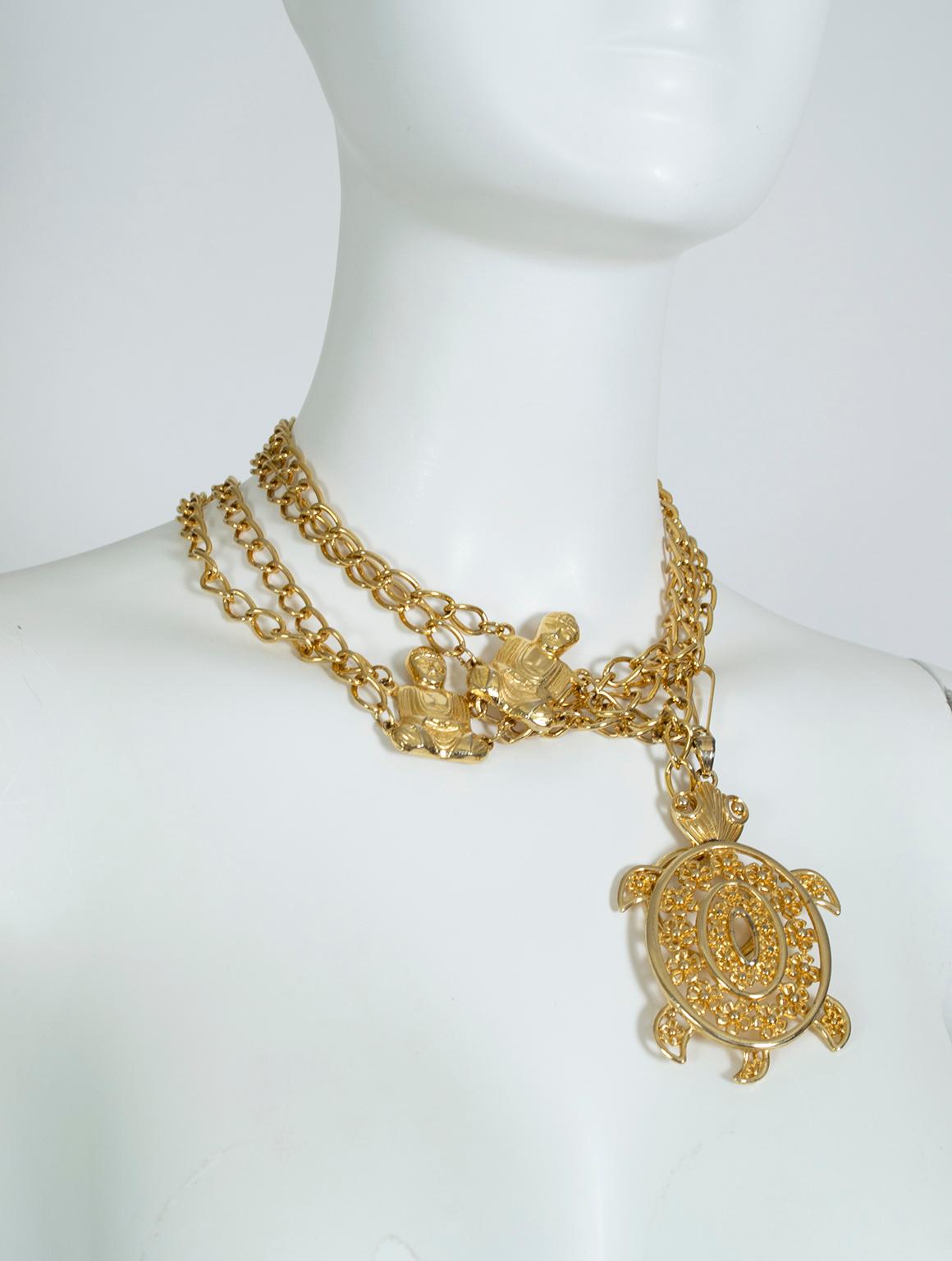 Women's or Men's “Golden Turtle” Buddhist Chain Belt with Dangling Turtle Talisman – O/S, 1980s