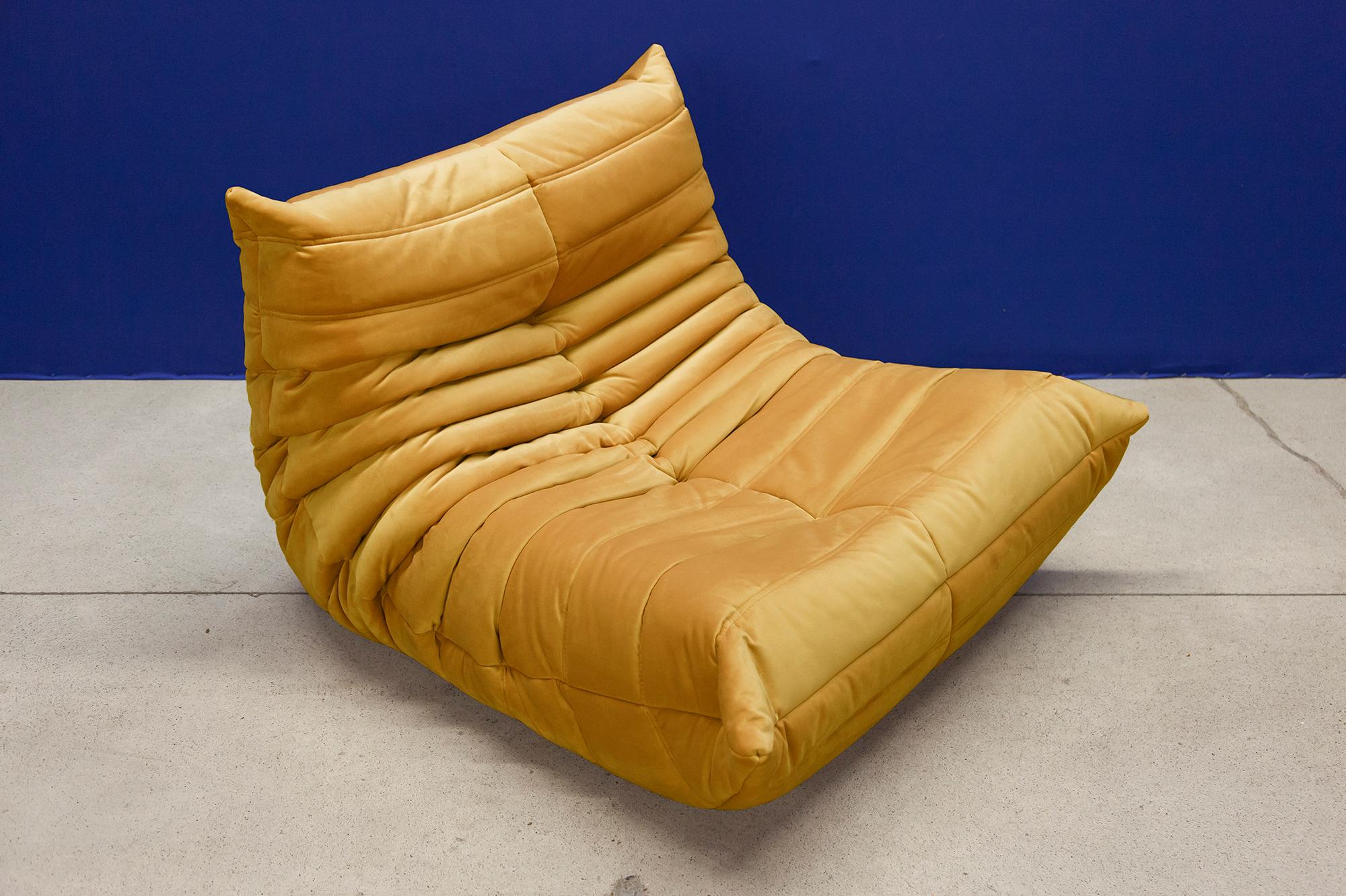 Golden Velvet Togo Sofa Set by Michel Ducaroy for Ligne Roset, 1970s, Set of 5 8