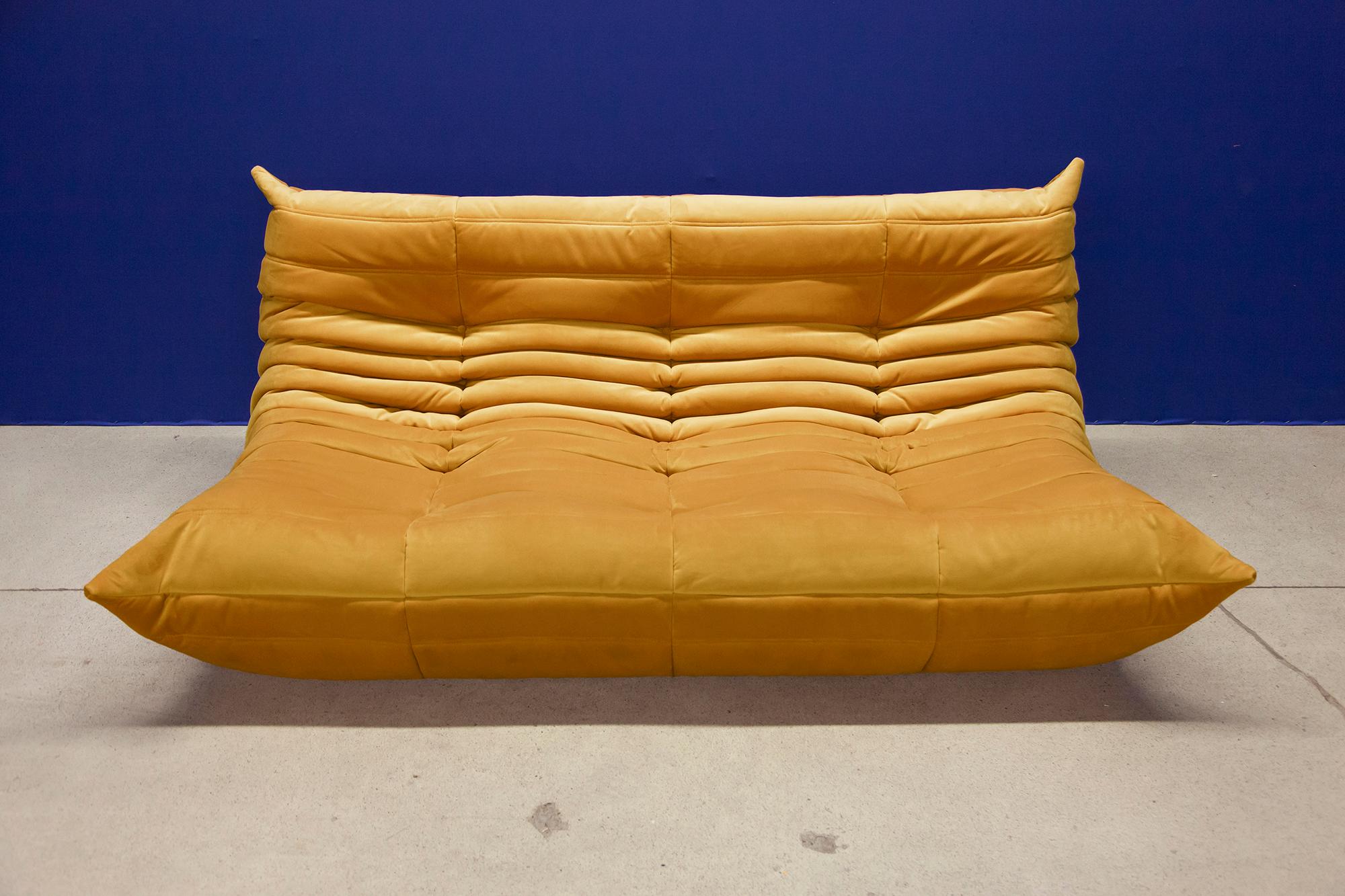 Golden Velvet Togo Sofa Set by Michel Ducaroy for Ligne Roset, 1970s, Set of 5 11