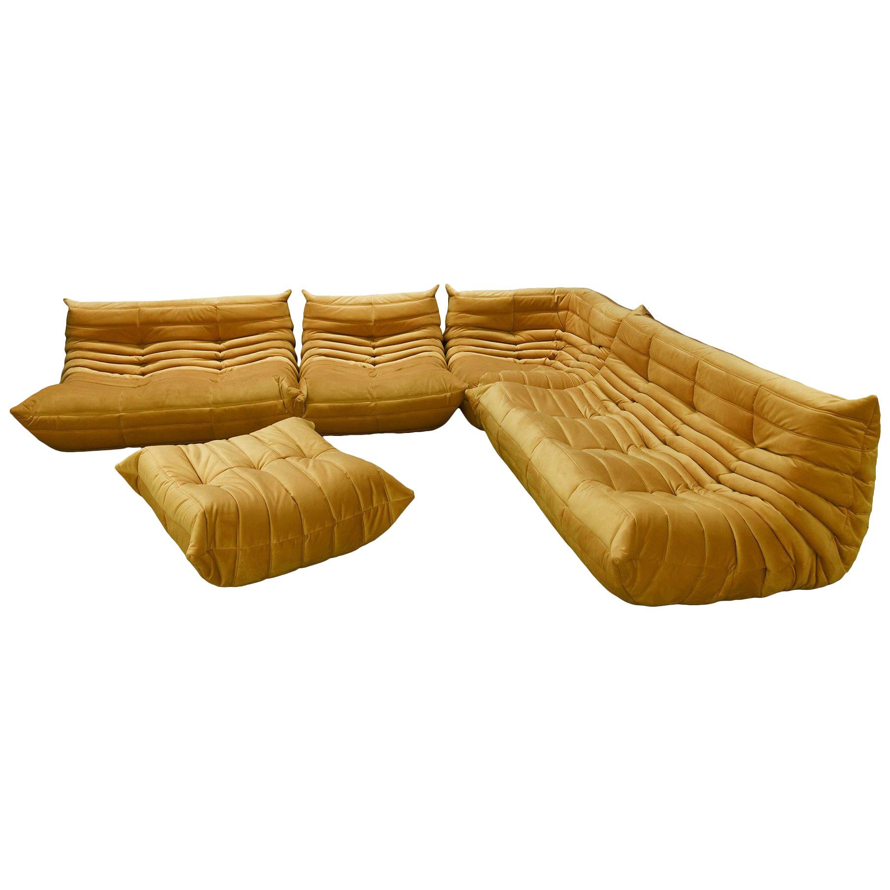 Golden Velvet Togo Sofa Set by Michel Ducaroy for Ligne Roset, Set of 5 For Sale