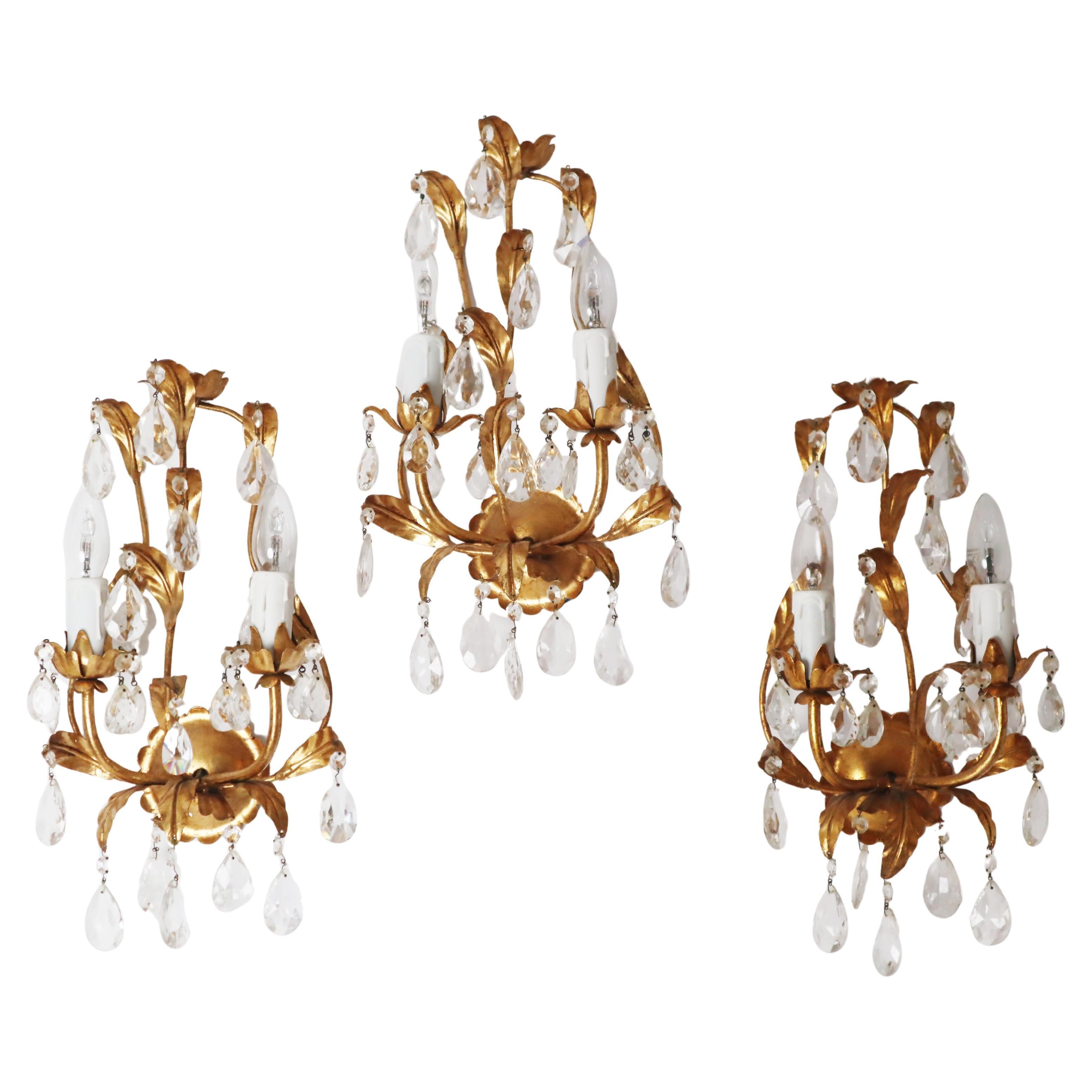 Goldene Wandleuchten aus venezianischem Kristall Hollywood Regency 3er-Set, Italien 1970er