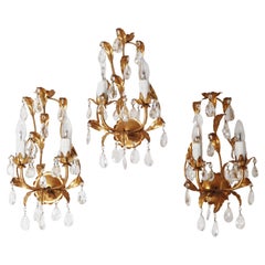 Goldene Wandleuchten aus venezianischem Kristall Hollywood Regency 3er-Set, Italien 1970er