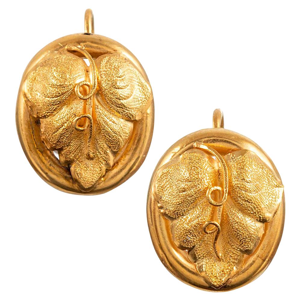 Golden Victorian Grape Leaf Earrings in Antique Box