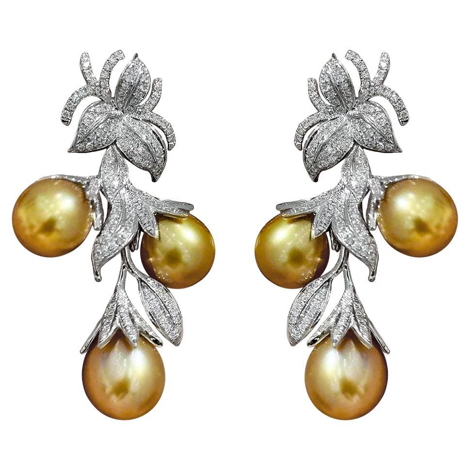 【Vine Symphony】Golden Vine Aurora South Sea Pearl & Diamond Earrings