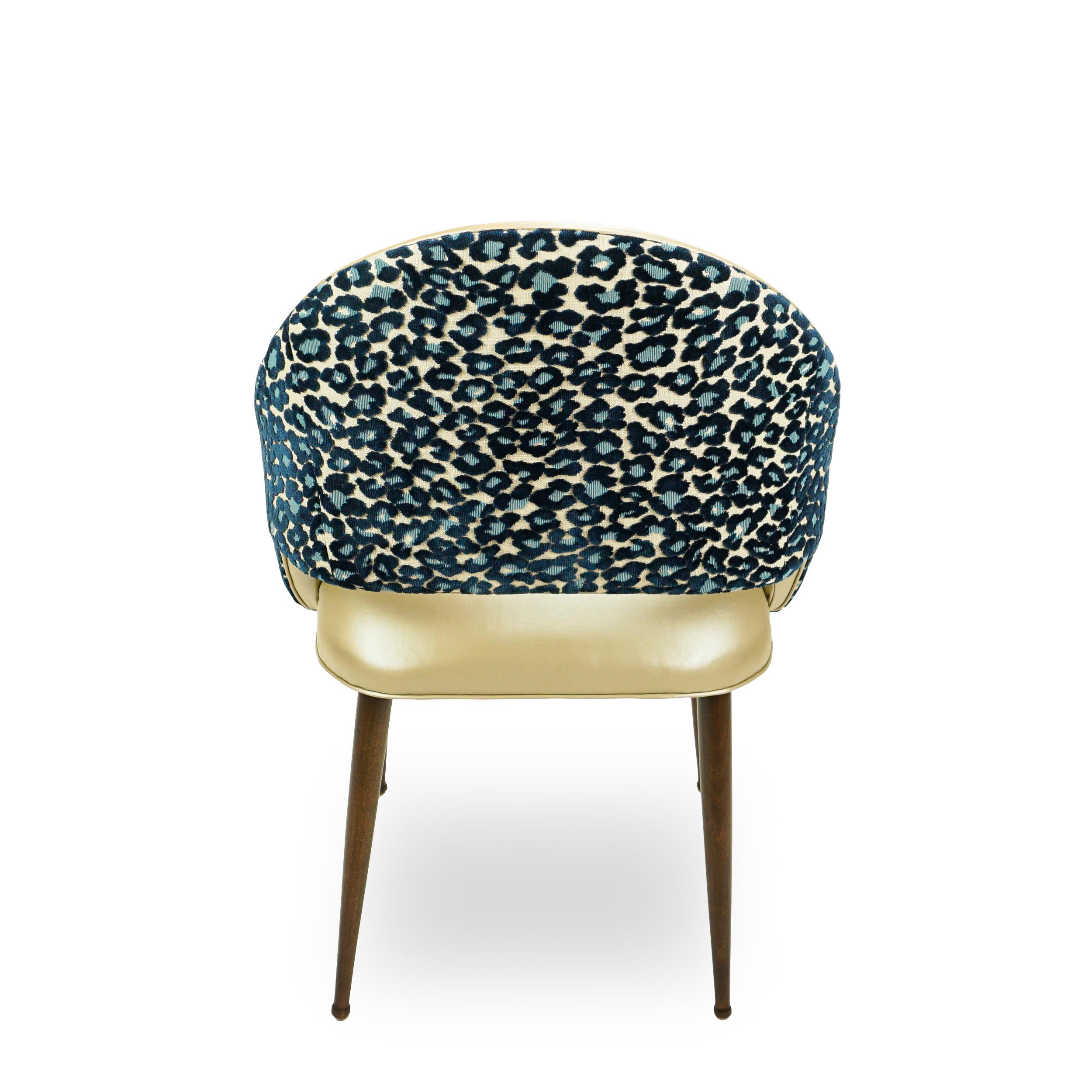Velvet Golden Vinyl Dining Chair with Blue Leopard Back For Sale