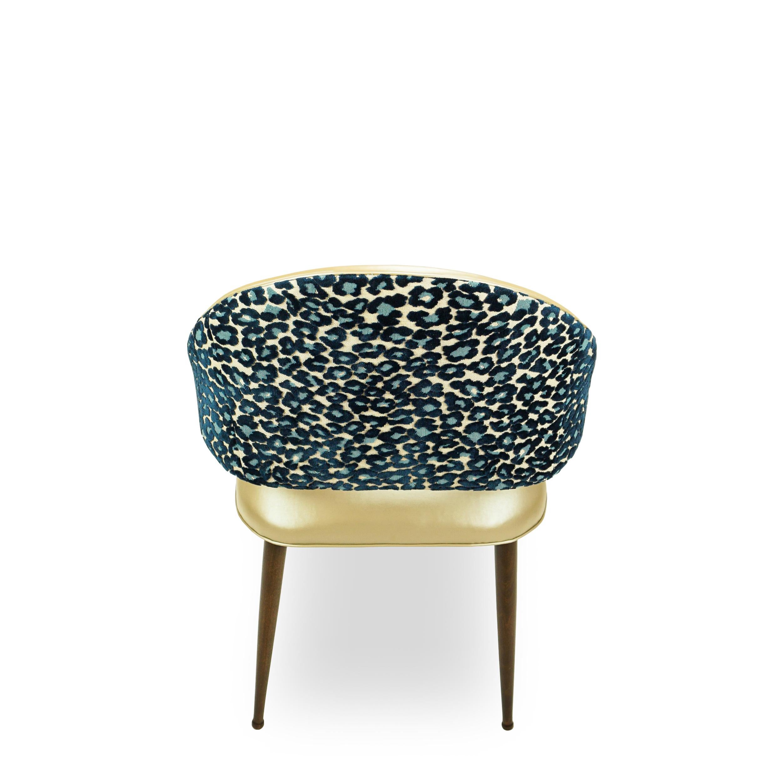 Golden Vinyl Dining Chair with Blue Leopard Back For Sale 1