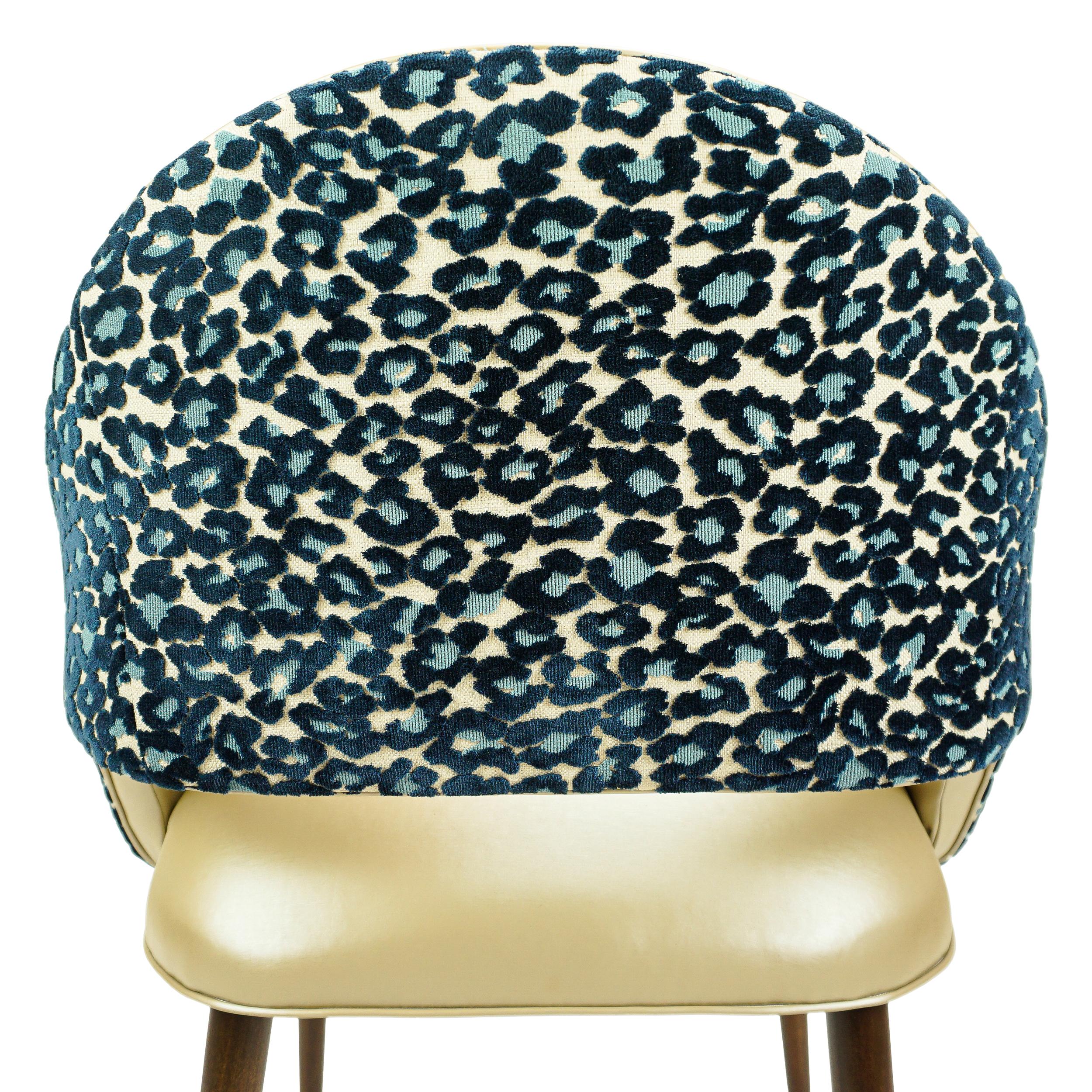 Golden Vinyl Dining Chair with Blue Leopard Back For Sale 2