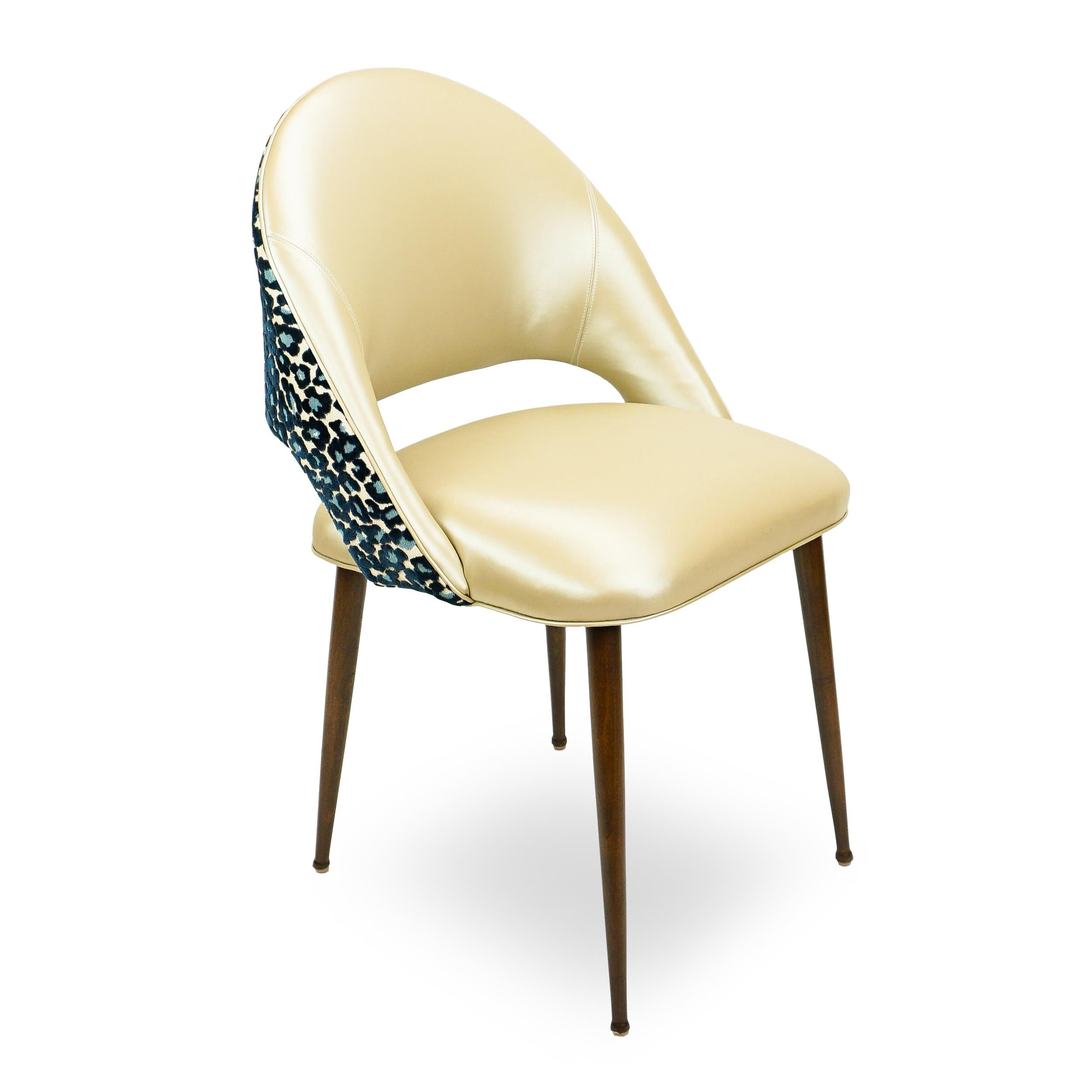 Golden Vinyl Dining Chair with Blue Leopard Back For Sale 8