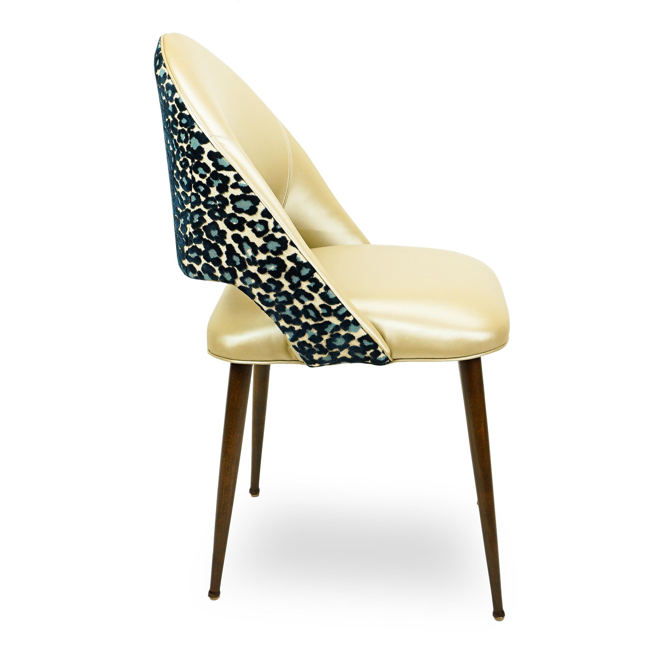 Stained Golden Vinyl Dining Chair with Blue Leopard Back For Sale