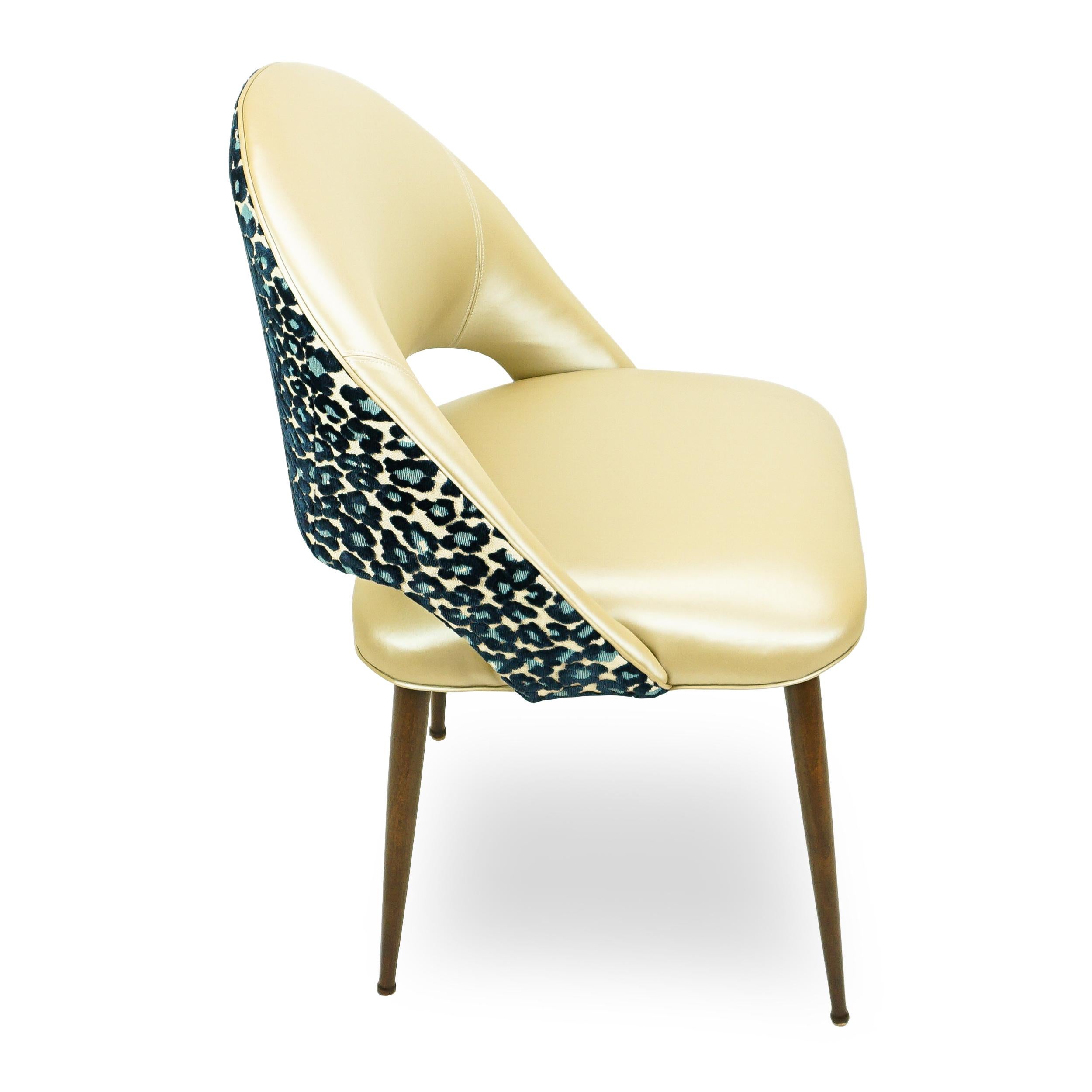 Golden Vinyl Dining Chair with Blue Leopard Back In New Condition For Sale In Greenwich, CT