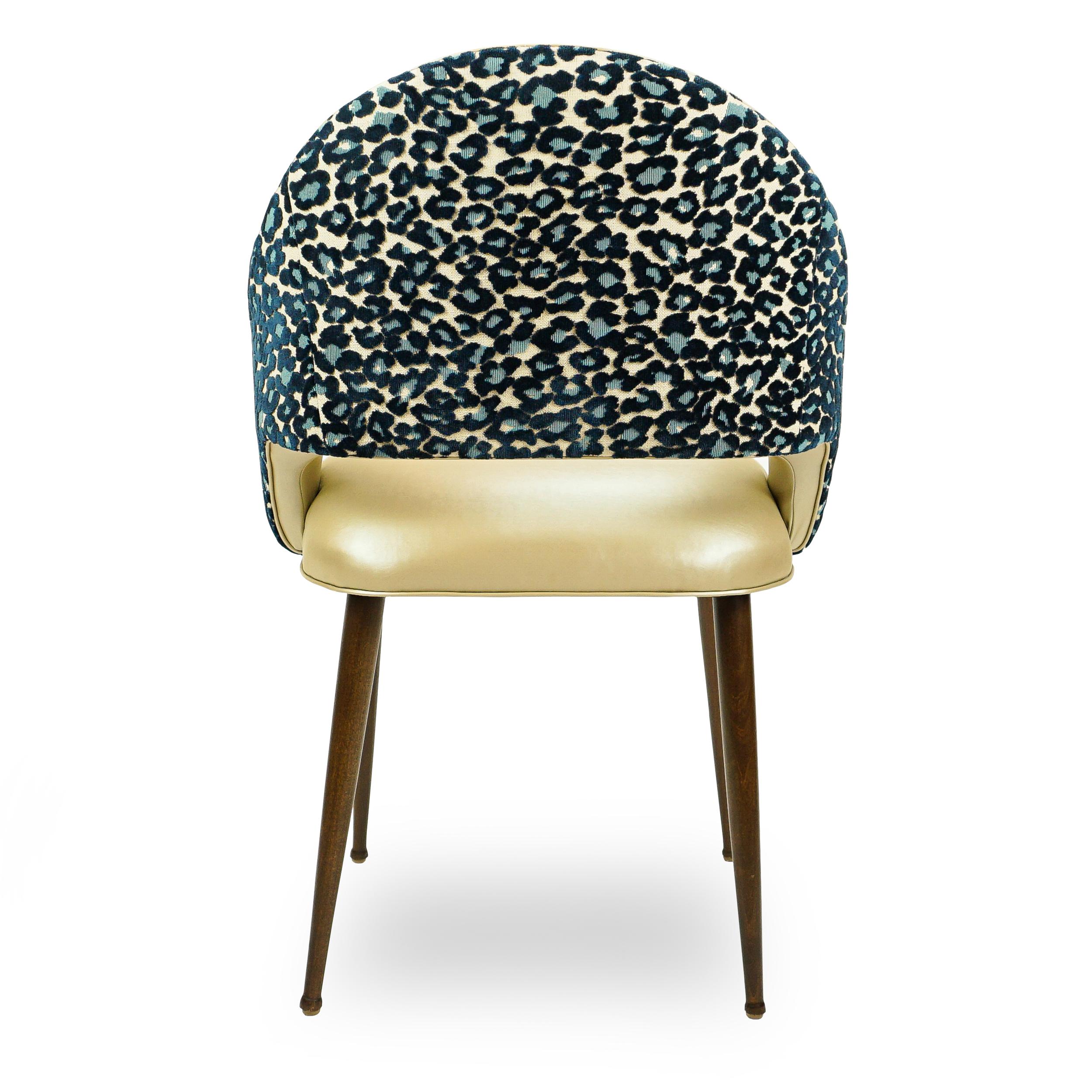 Contemporary Golden Vinyl Dining Chair with Blue Leopard Back For Sale