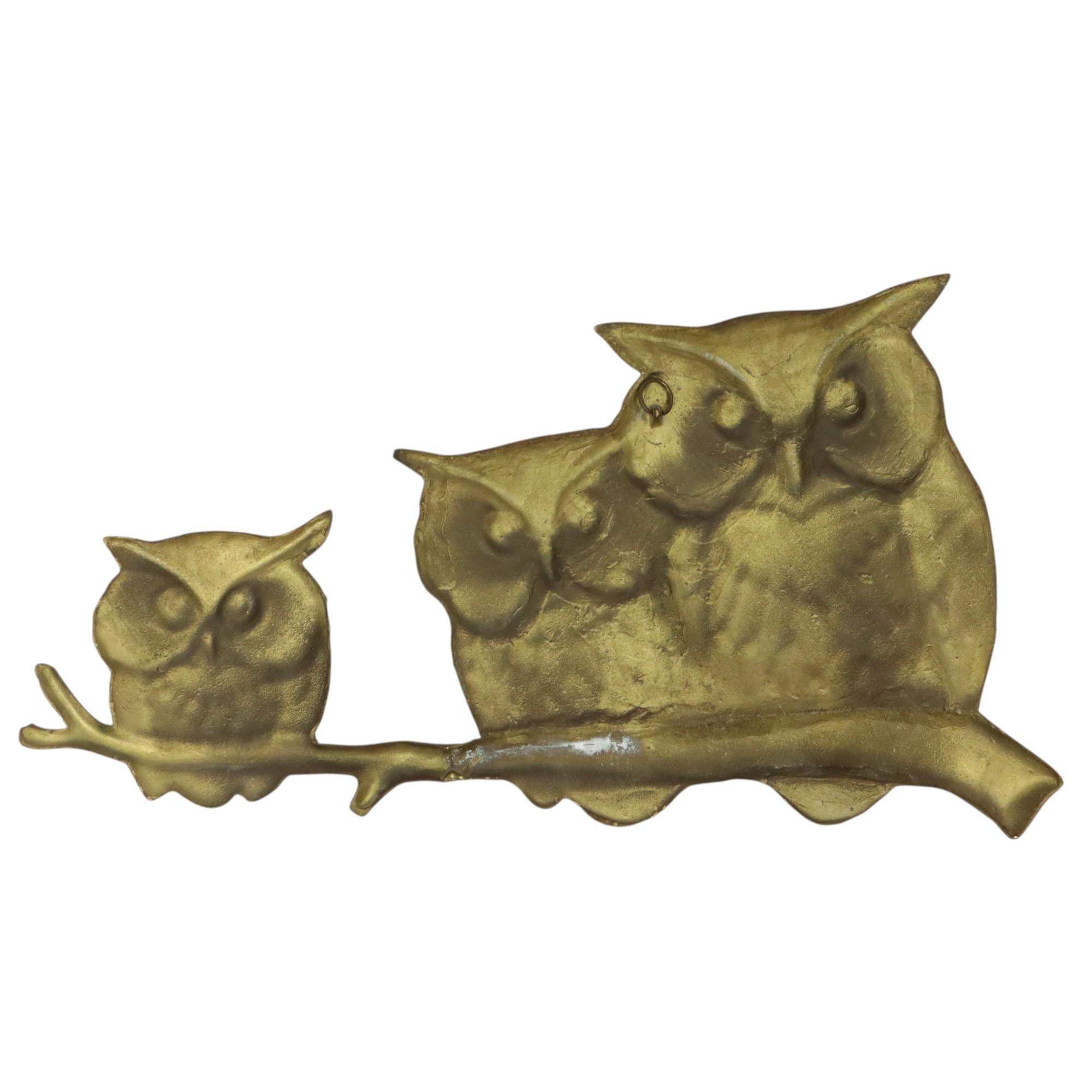 Goldene Wandskulptur Eulen auf Branch Messing Seventies 47cm im Angebot 6