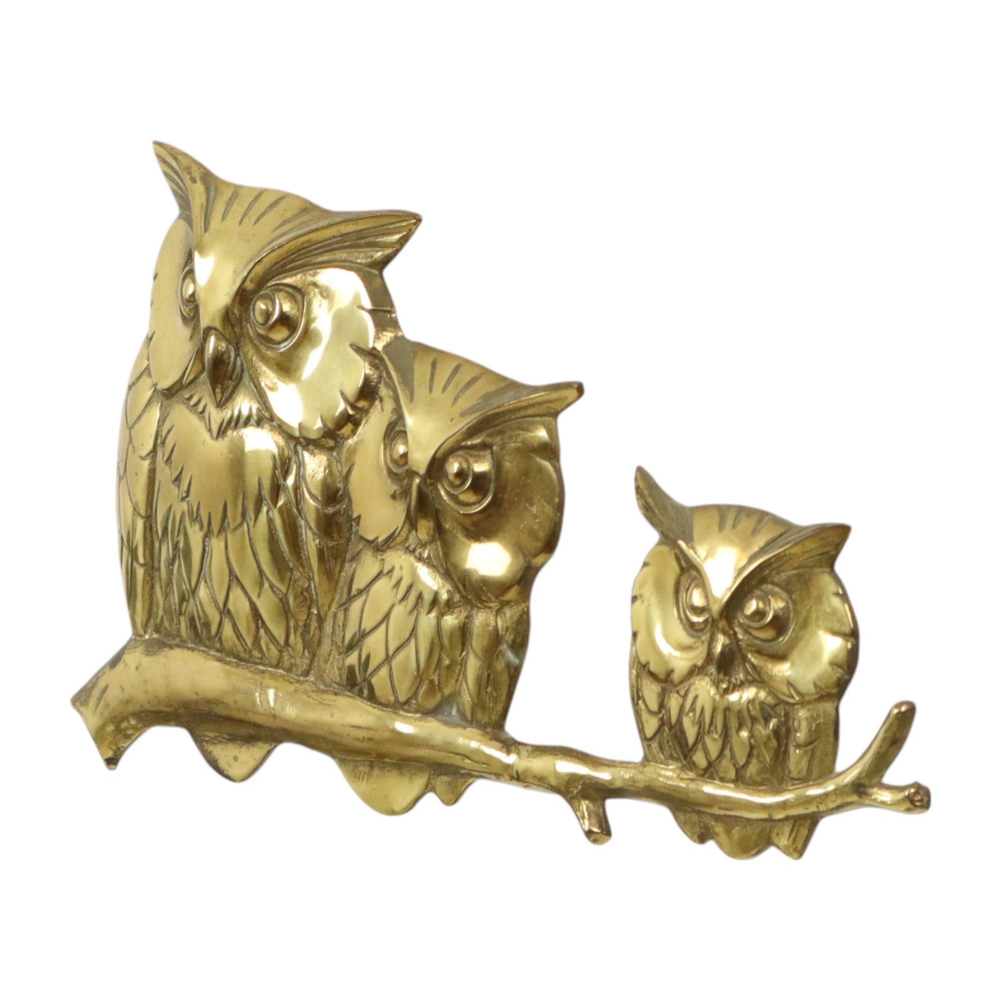Goldene Wandskulptur Eulen auf Branch Messing Seventies 47cm im Zustand „Gut“ im Angebot in Poperinge, BE