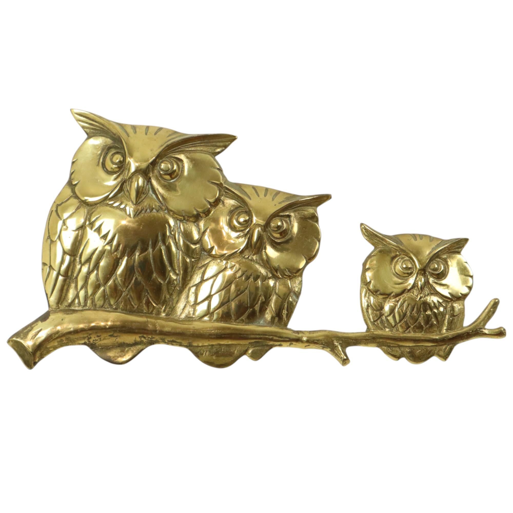 Goldene Wandskulptur Eulen auf Branch Messing Seventies 47cm (Ende des 20. Jahrhunderts) im Angebot