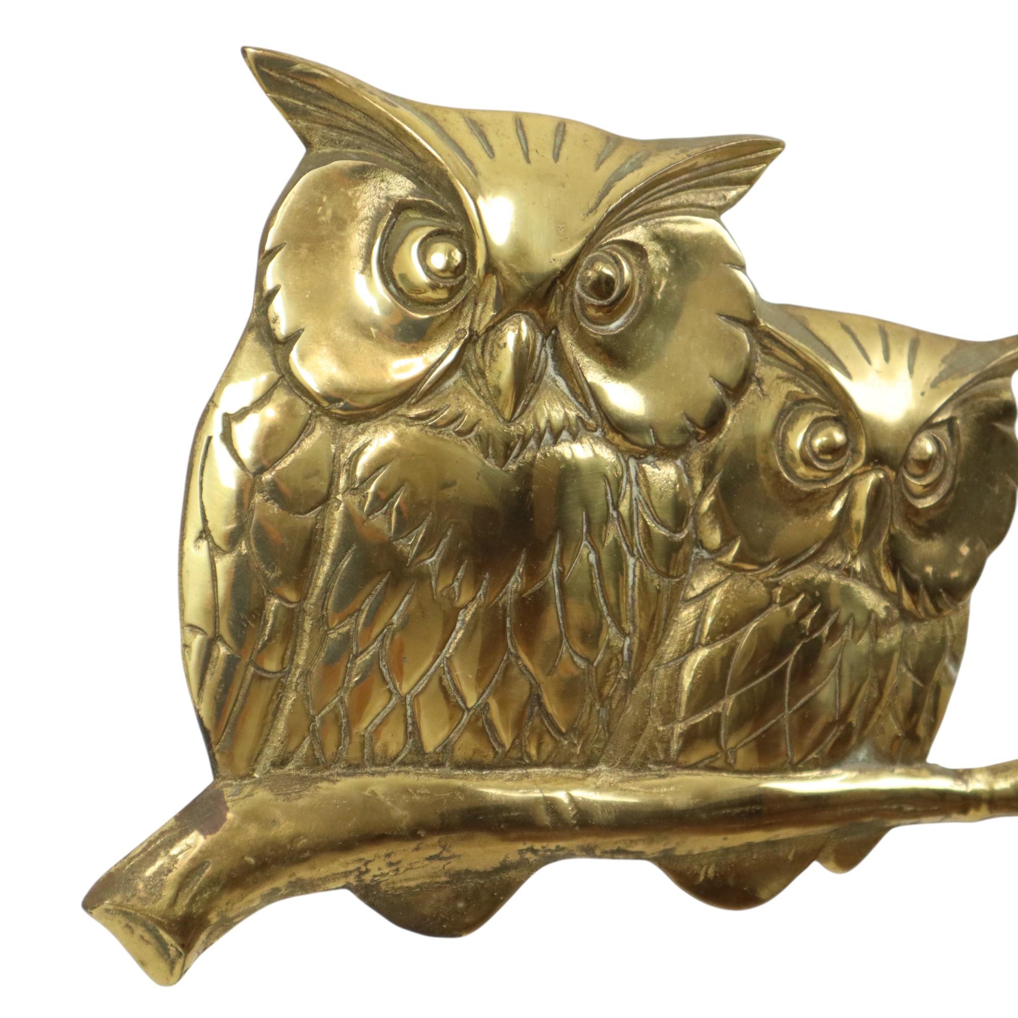 Goldene Wandskulptur Eulen auf Branch Messing Seventies 47cm im Angebot 1