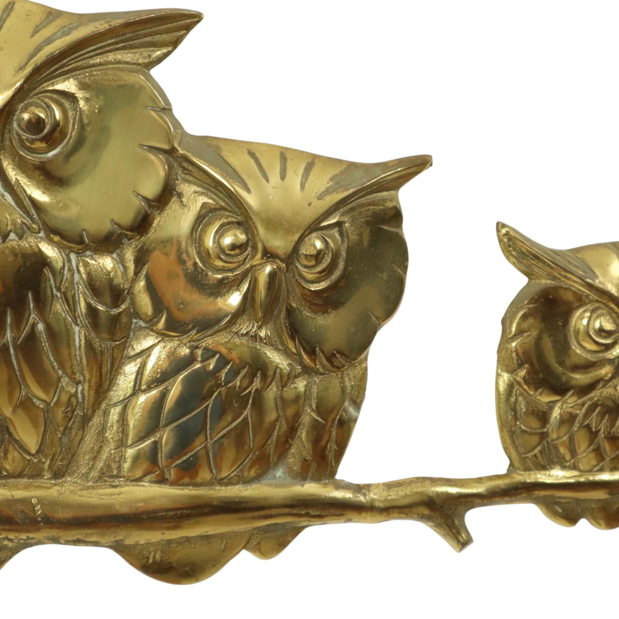 Goldene Wandskulptur Eulen auf Branch Messing Seventies 47cm im Angebot 2