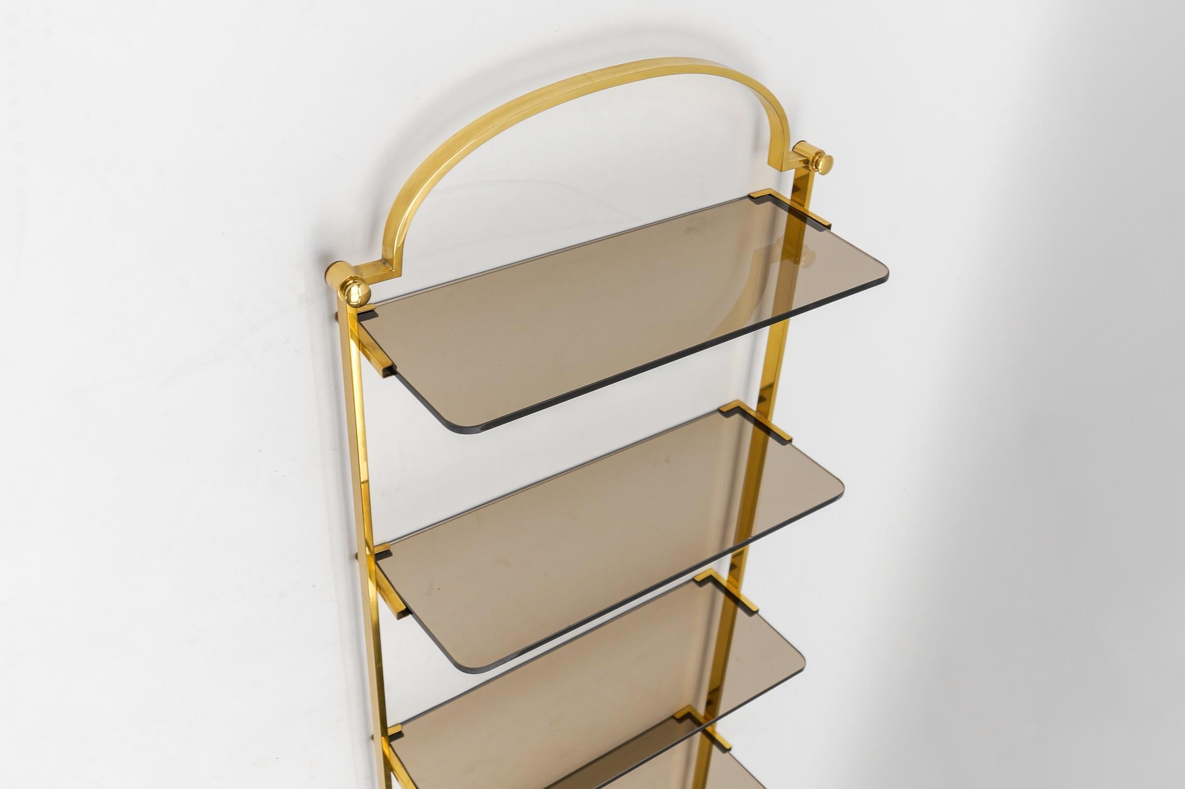 Mid-20th Century Golden wall shelf with six smoked glass shelves, Italy, 1960s For Sale