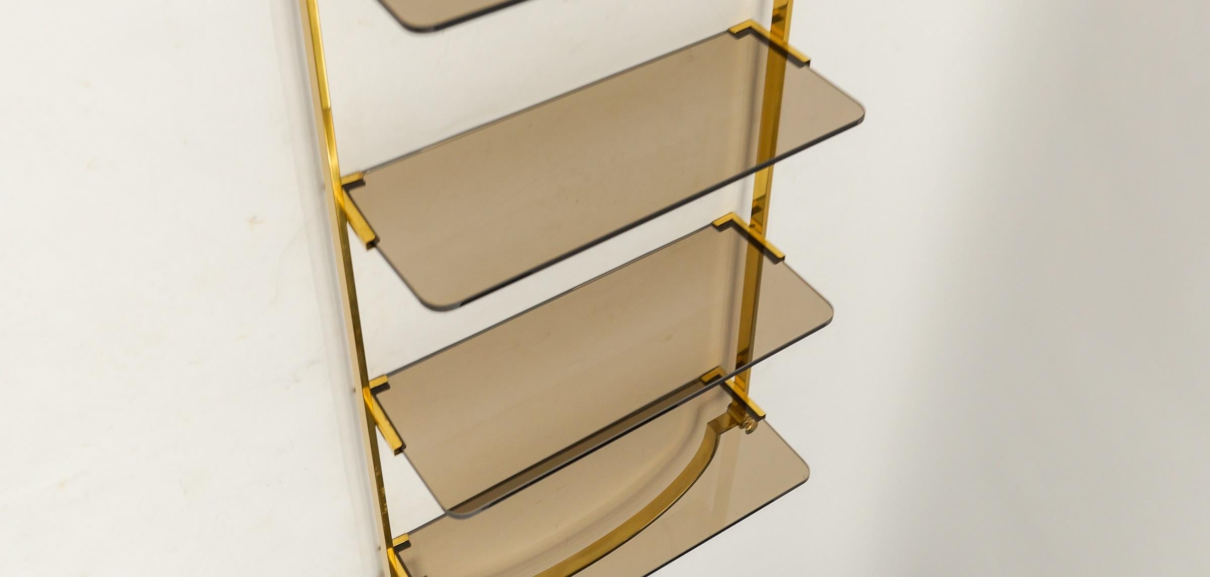 Metal Golden wall shelf with six smoked glass shelves, Italy, 1960s For Sale