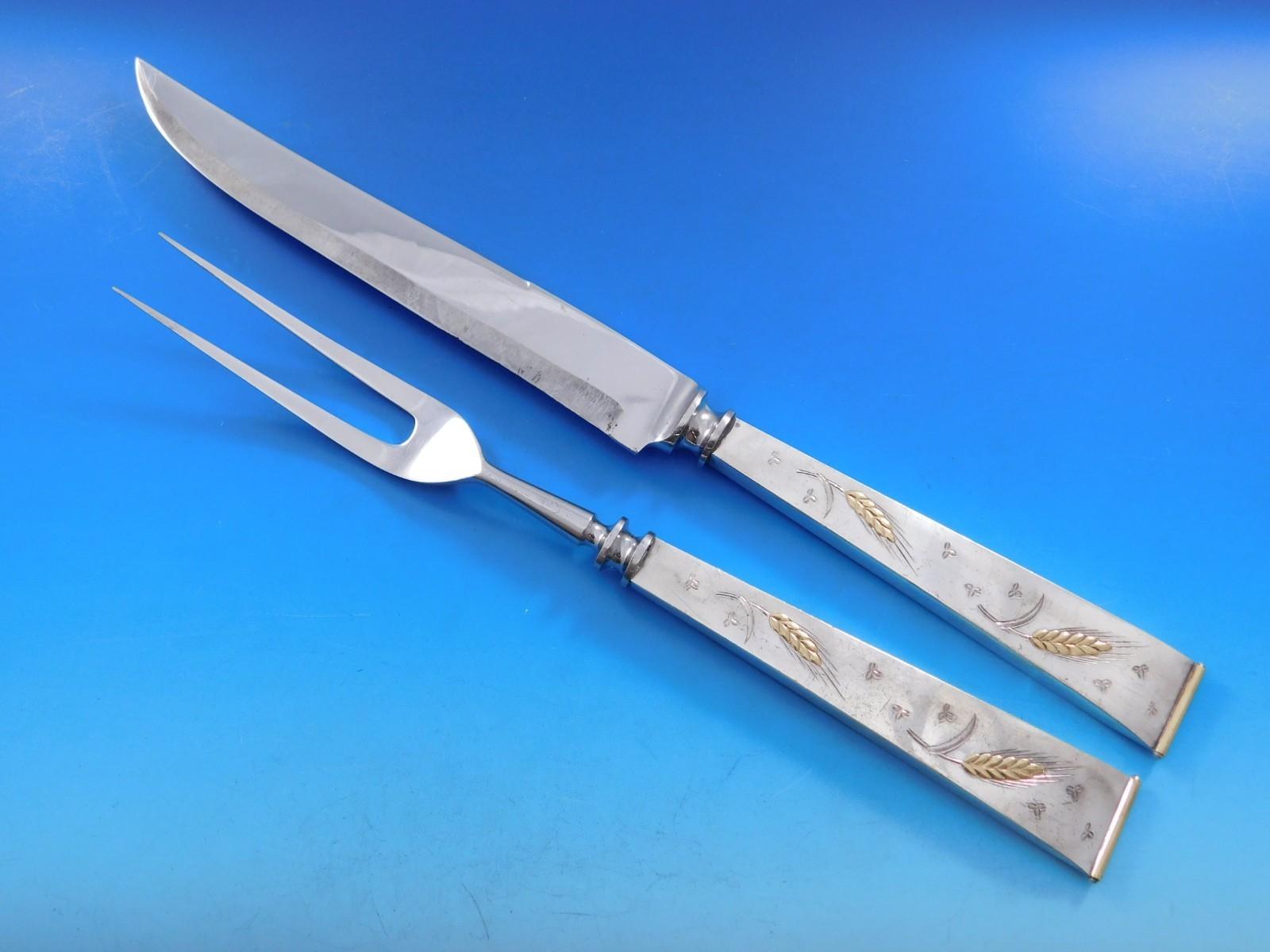 Similar to the scarce Golden Wheat by Gorham flatware pattern, this Golden Wheat by Unknown maker sterling silver flatware is an incredible collection. Experience shows us this gold applied is 18K and a minimum of $4000 of applied gold to this set.