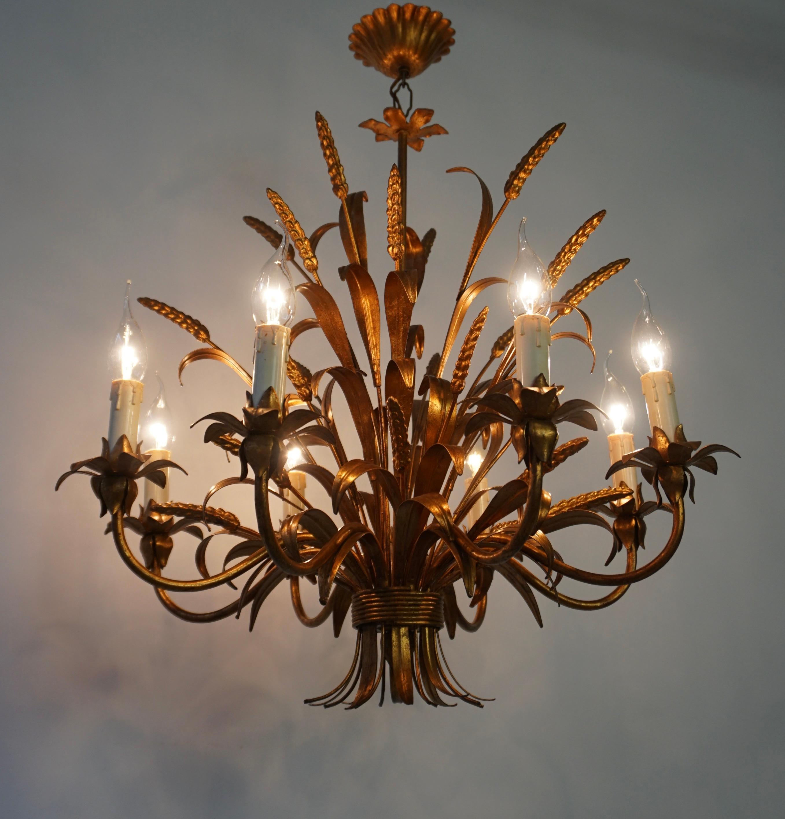 Hollywood Regency Three Golden Wheat Sheaf Chandelier by Hans Kögl, Germany, 1970s For Sale
