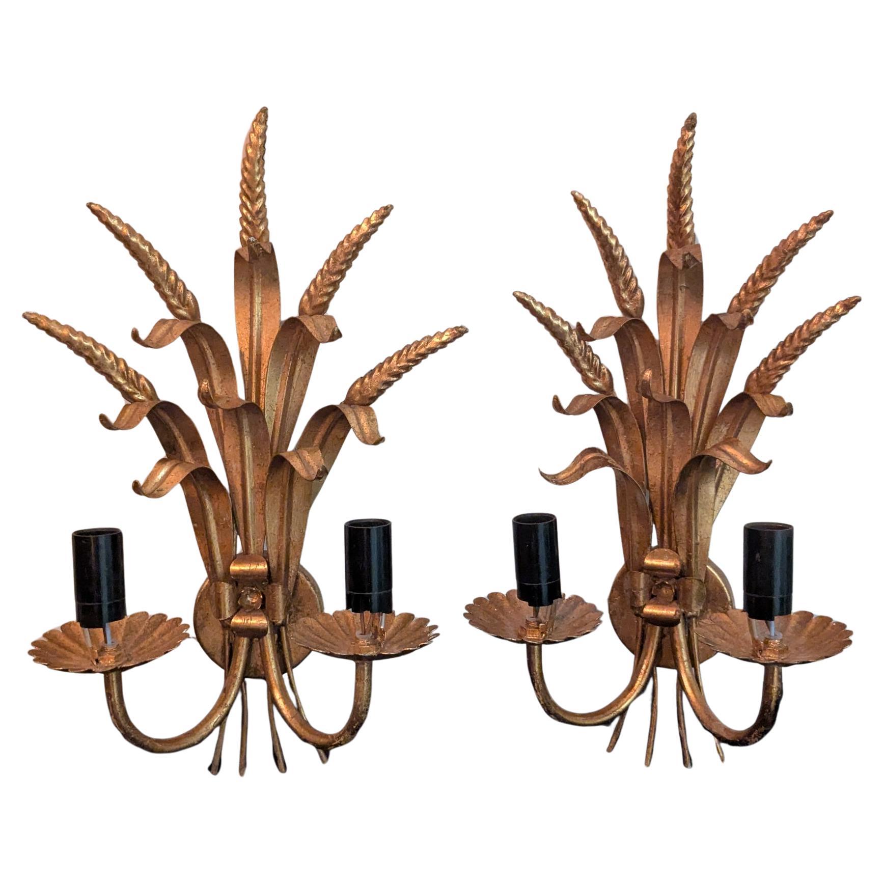 Golden Wheat Sheaf Pair of Wall Sconces
