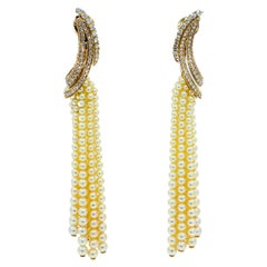 Golden White Akoya Pearl Gold Luxury Elegant Grape Cascade Wave Diamond Earrings