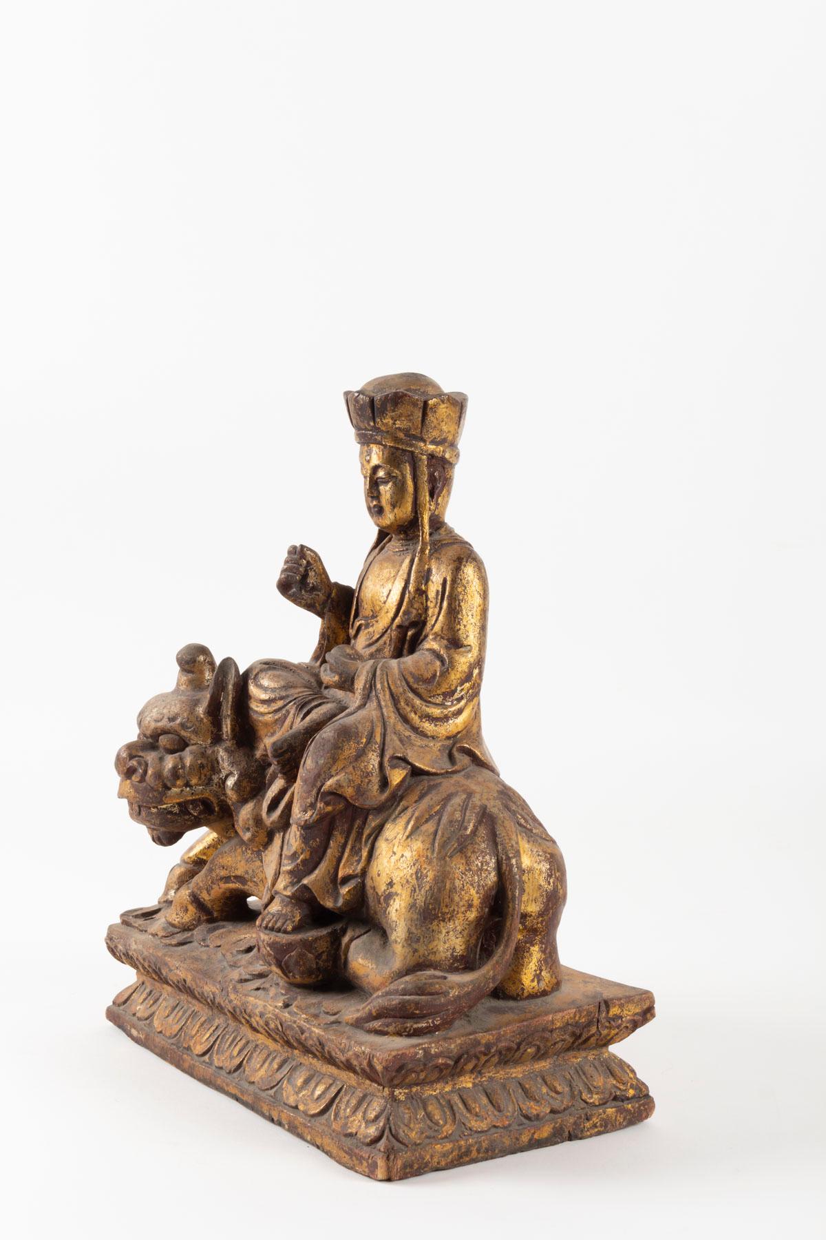 Gilt Golden Wooden Buddhist Deity, Seated on a Lion, China, Late 19th Century