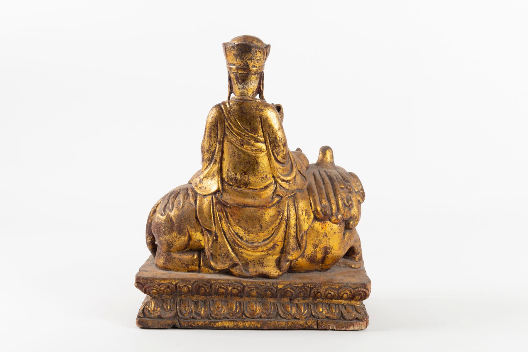 Golden Wooden Buddhist Deity, Seated on a Lion, China, Late 19th Century In Good Condition In Saint-Ouen, FR