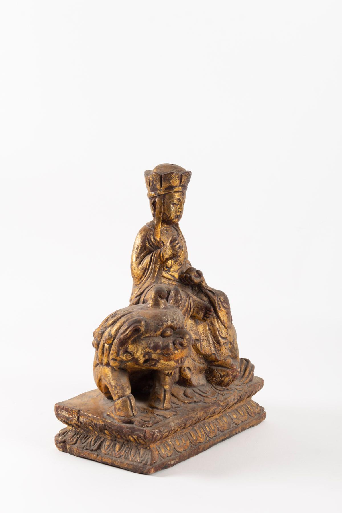 Golden Wooden Buddhist Deity, Seated on a Lion, China, Late 19th Century 1