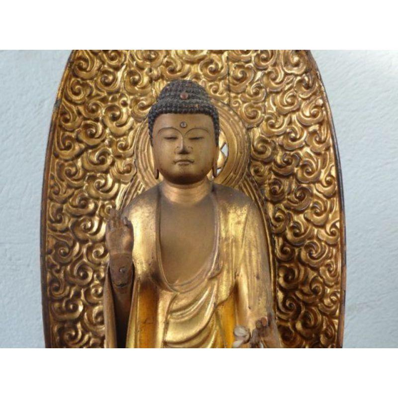 Goldene hölzerne Buddha-Statue aus dem 19. Jahrhundert in einer Lotusblume stehend mit einer Höhe von 73 cm und einer Breite von 24 cm. Bemerkenswerte Patina. Einige Lücken.

Zusätzliche Informationen:
Material: Goldenes Holz.
  